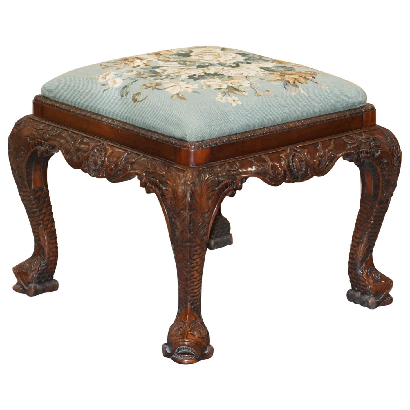 George II Hand Carved Mahogany Floral Embroidered Stool for Dressing Table Piano