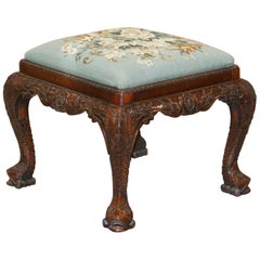 Antique George II Hand Carved Mahogany Floral Embroidered Stool for Dressing Table Piano