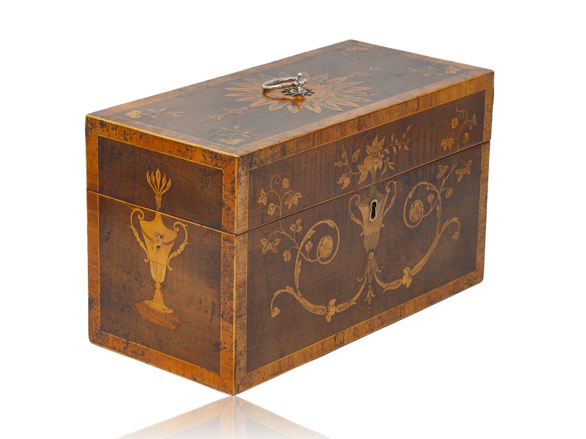 Intricate Inlaid Design 

From our Tea Caddy collection, we are pleased to offer this George II Harewood Inlaid Tea Chest. The Tea Chest of rectangular form veneered in Harewood and edged Boxwood. Each side is framed within a Tulipwood cross banding