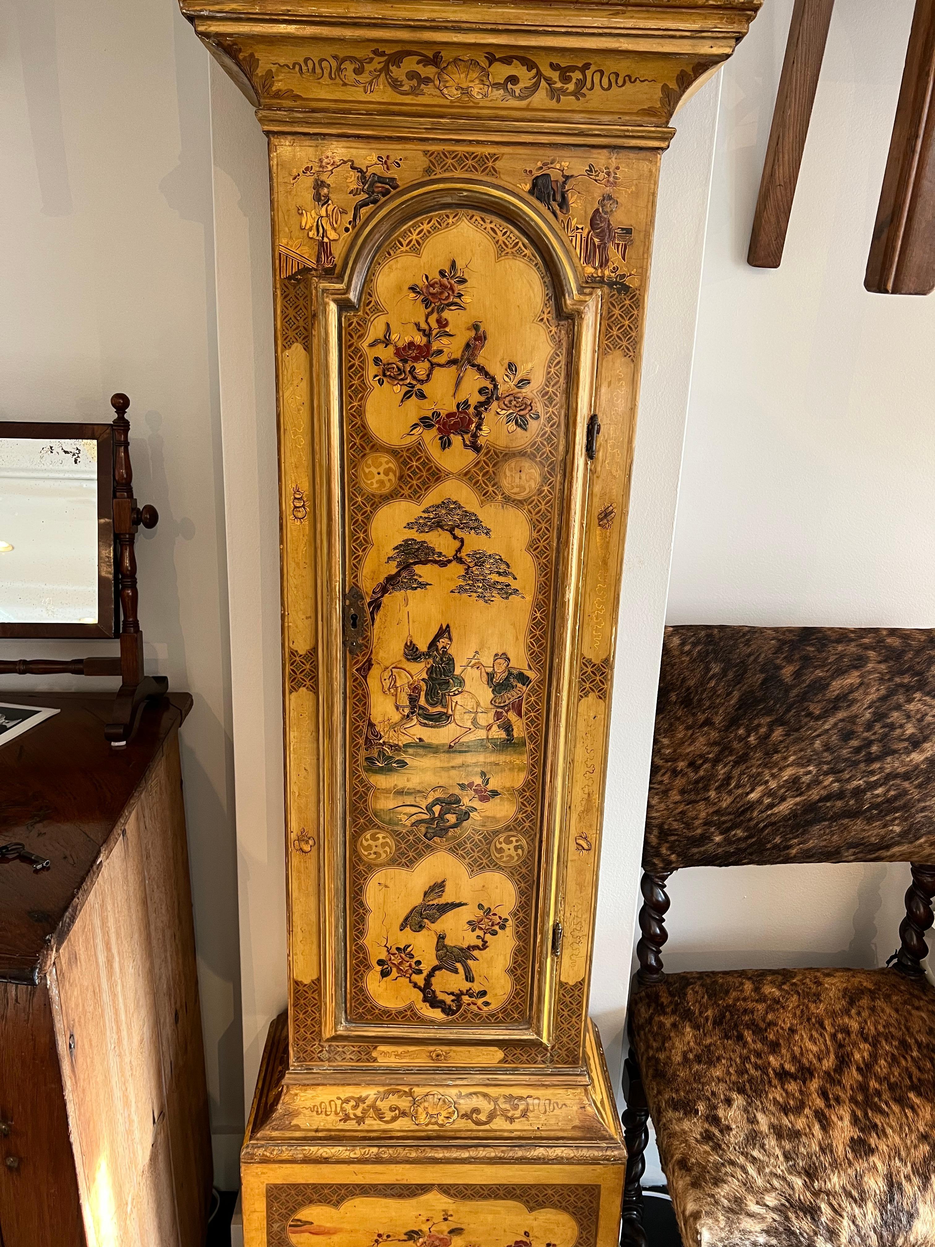 18th Century George II Japan Painted Tall Case Clock For Sale