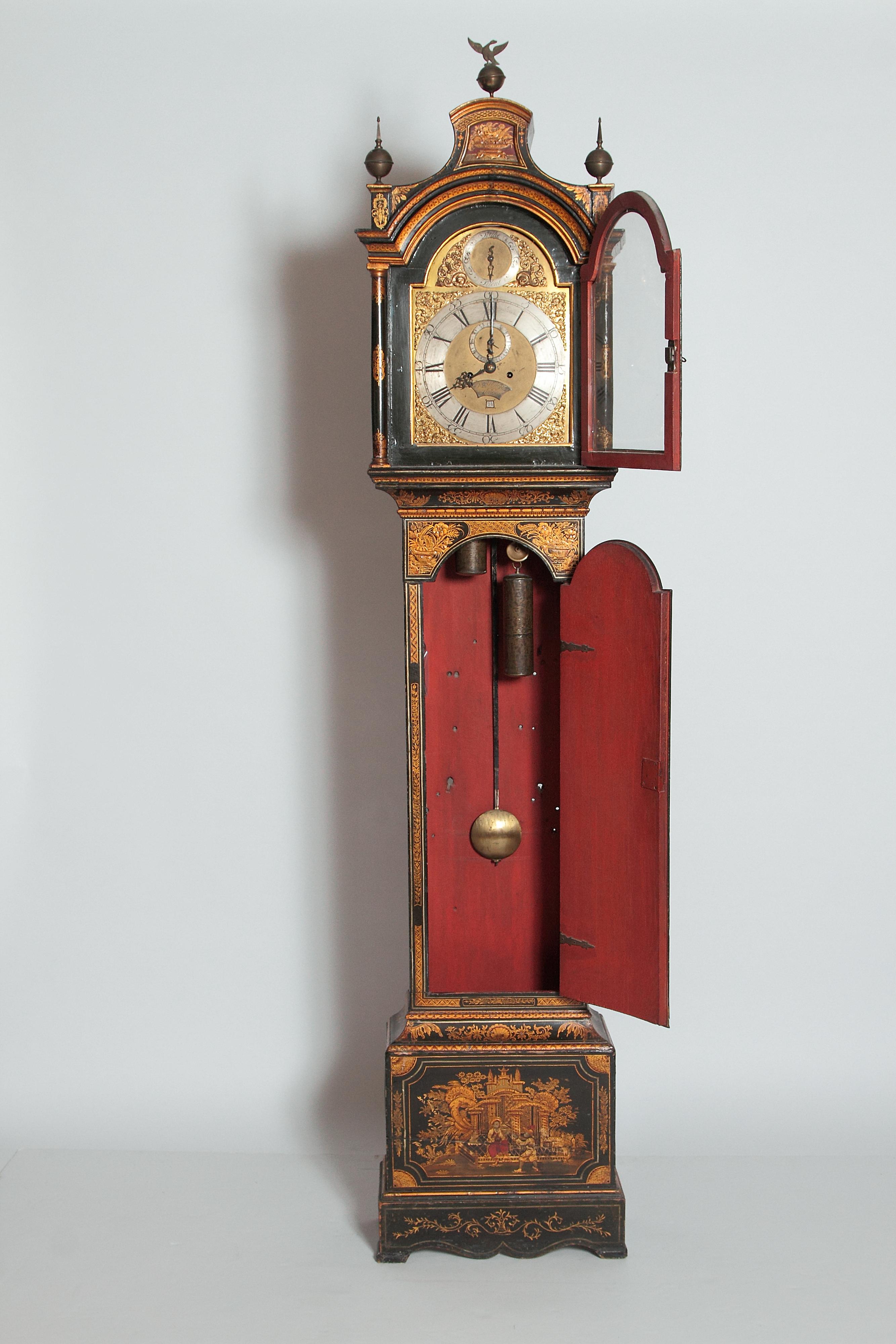 George II Lacquered Chinoiserie Tall Case Clock Inscribed Jno. Fladgate, London 4