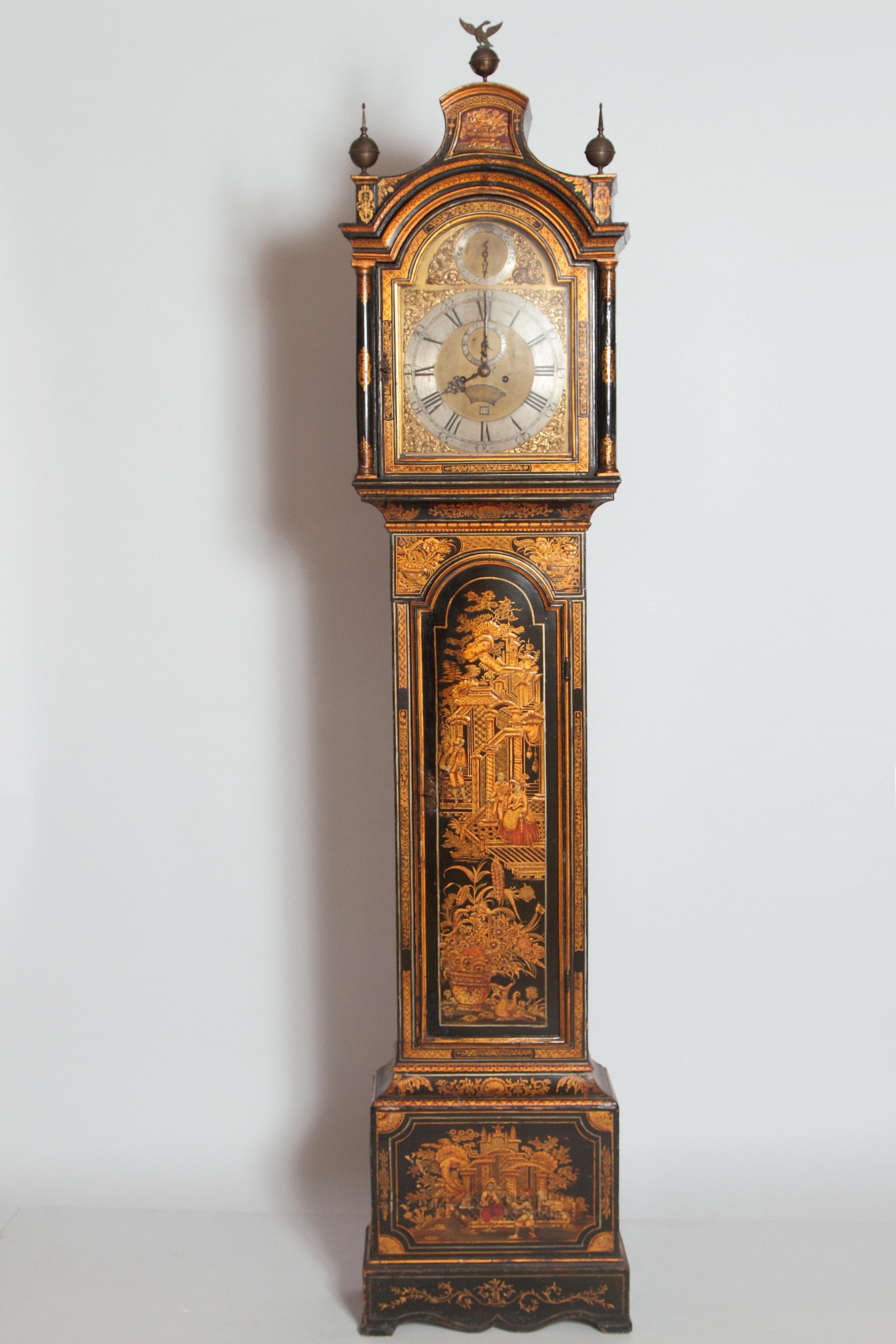 Silver George II Lacquered Chinoiserie Tall Case Clock Inscribed Jno. Fladgate, London