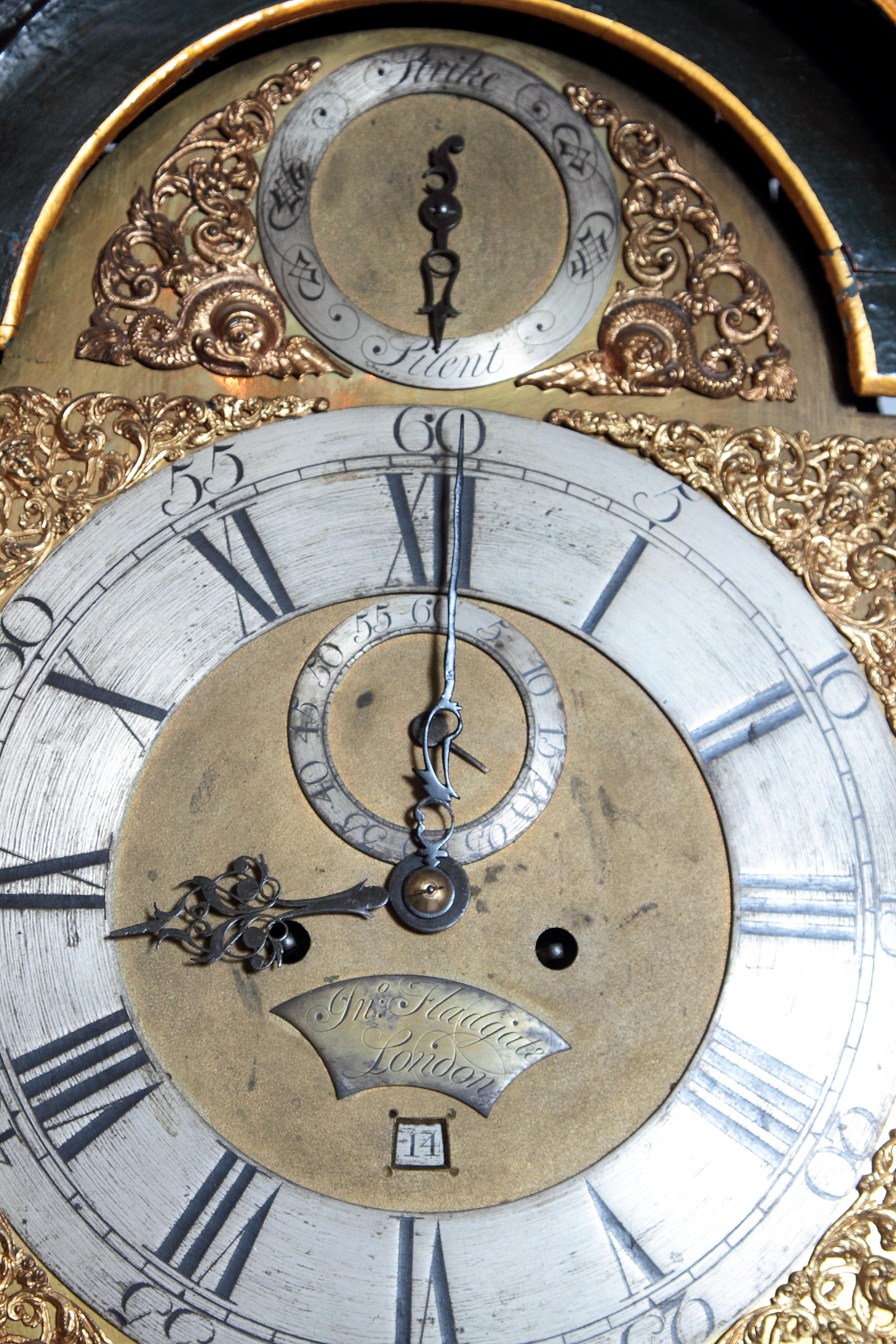 English George II Lacquered Chinoiserie Tall Case Clock Inscribed Jno. Fladgate, London