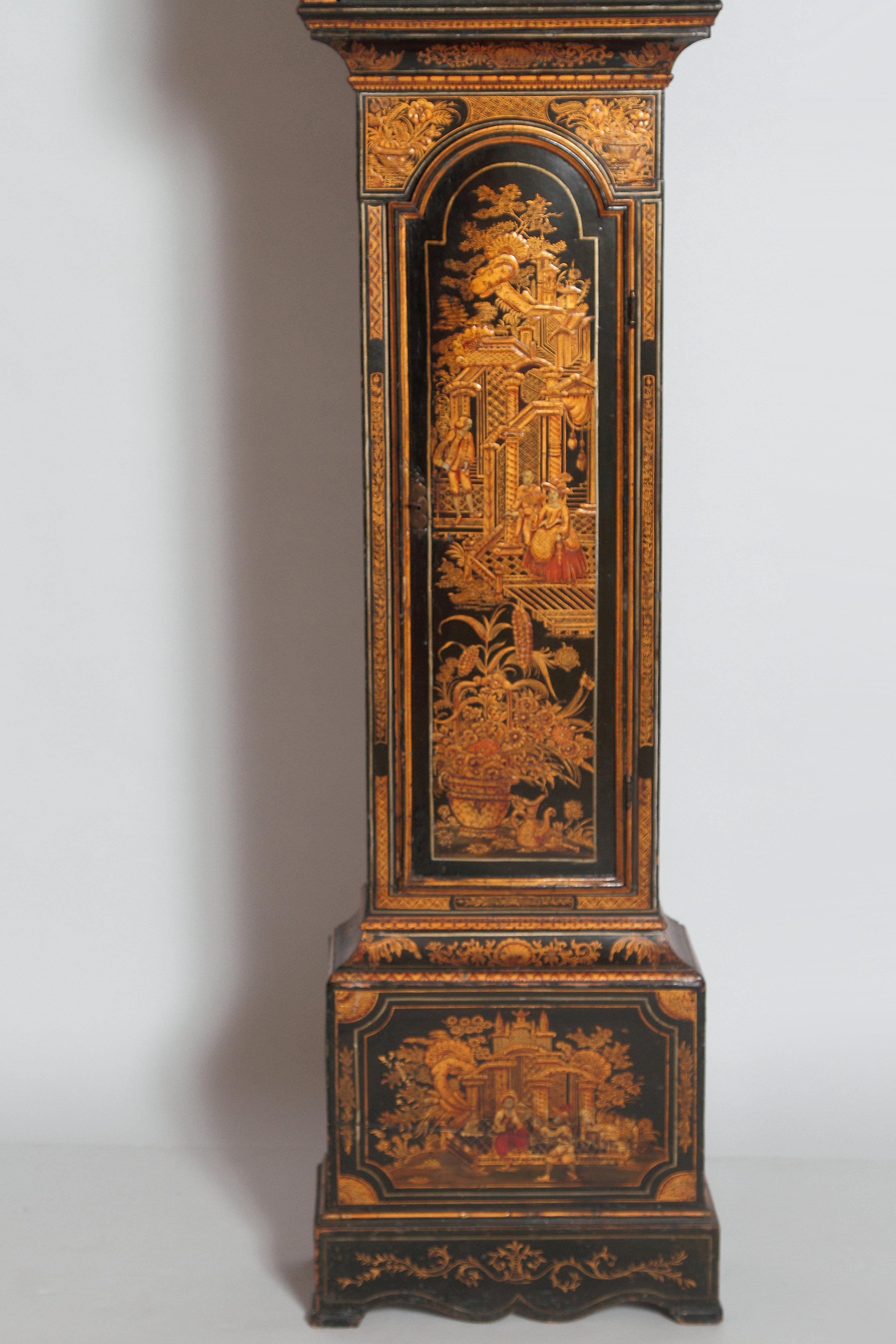 George II Lacquered Chinoiserie Tall Case Clock Inscribed Jno. Fladgate, London In Good Condition In Dallas, TX