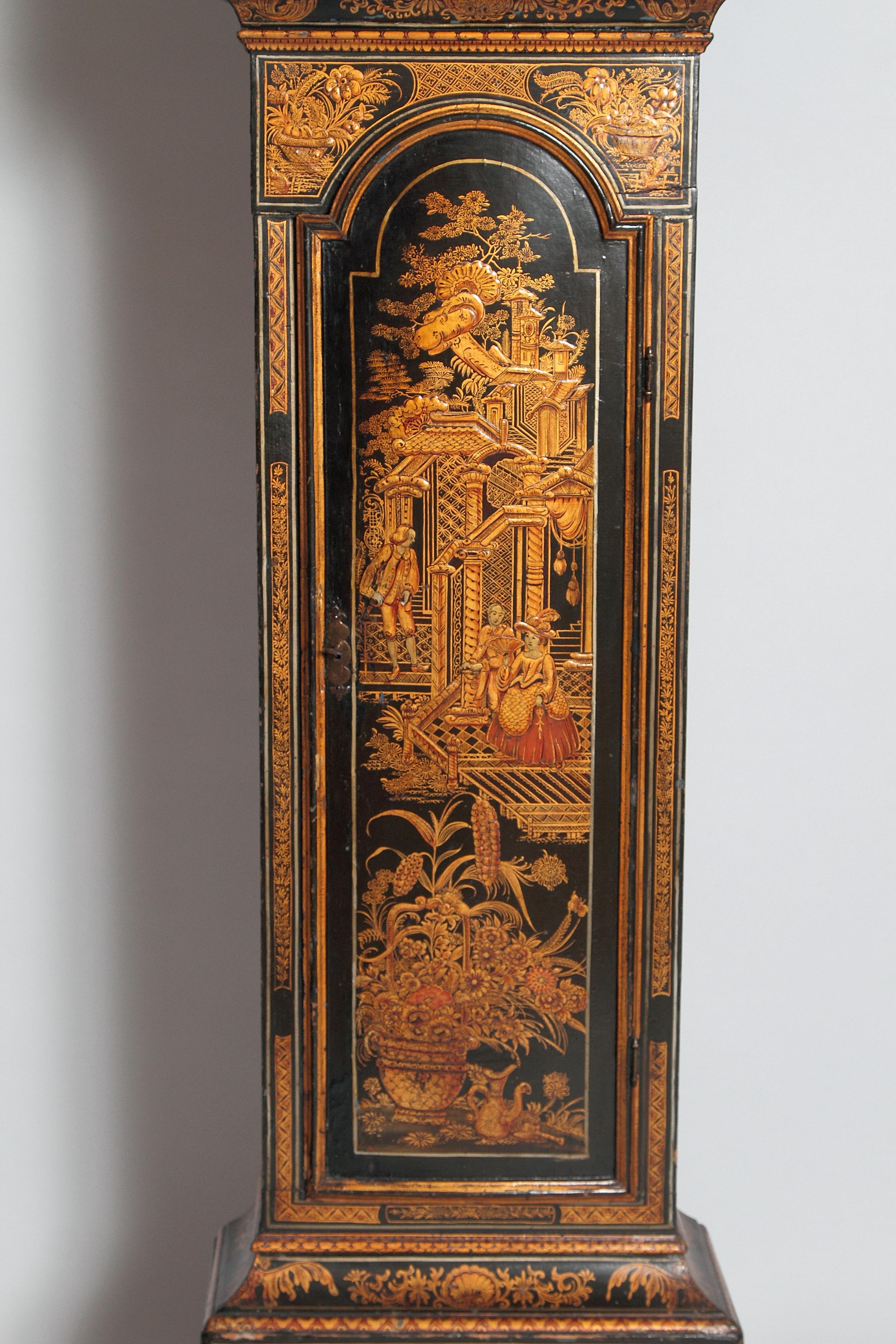 18th Century George II Lacquered Chinoiserie Tall Case Clock Inscribed Jno. Fladgate, London