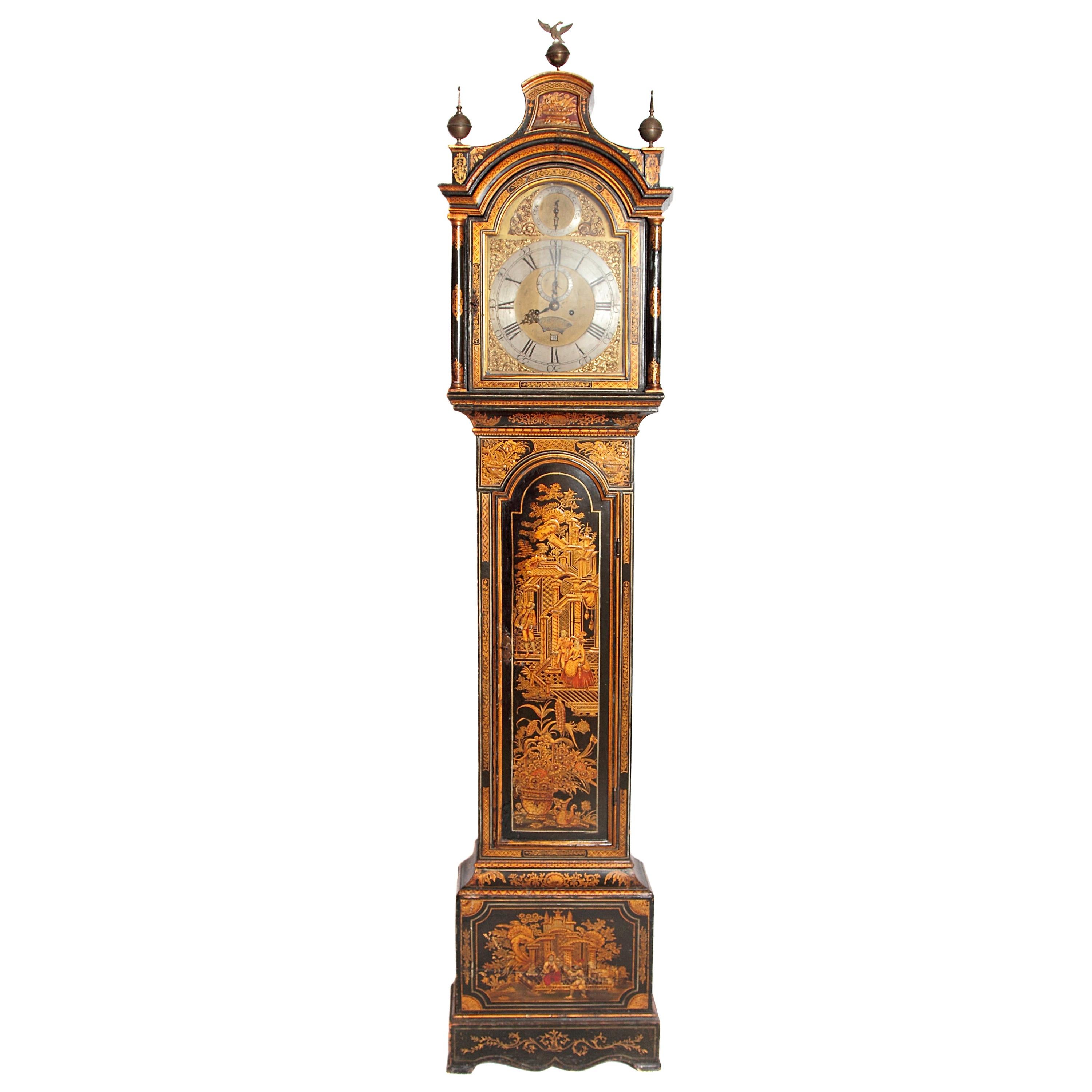 George II Lacquered Chinoiserie Tall Case Clock Inscribed Jno. Fladgate, London