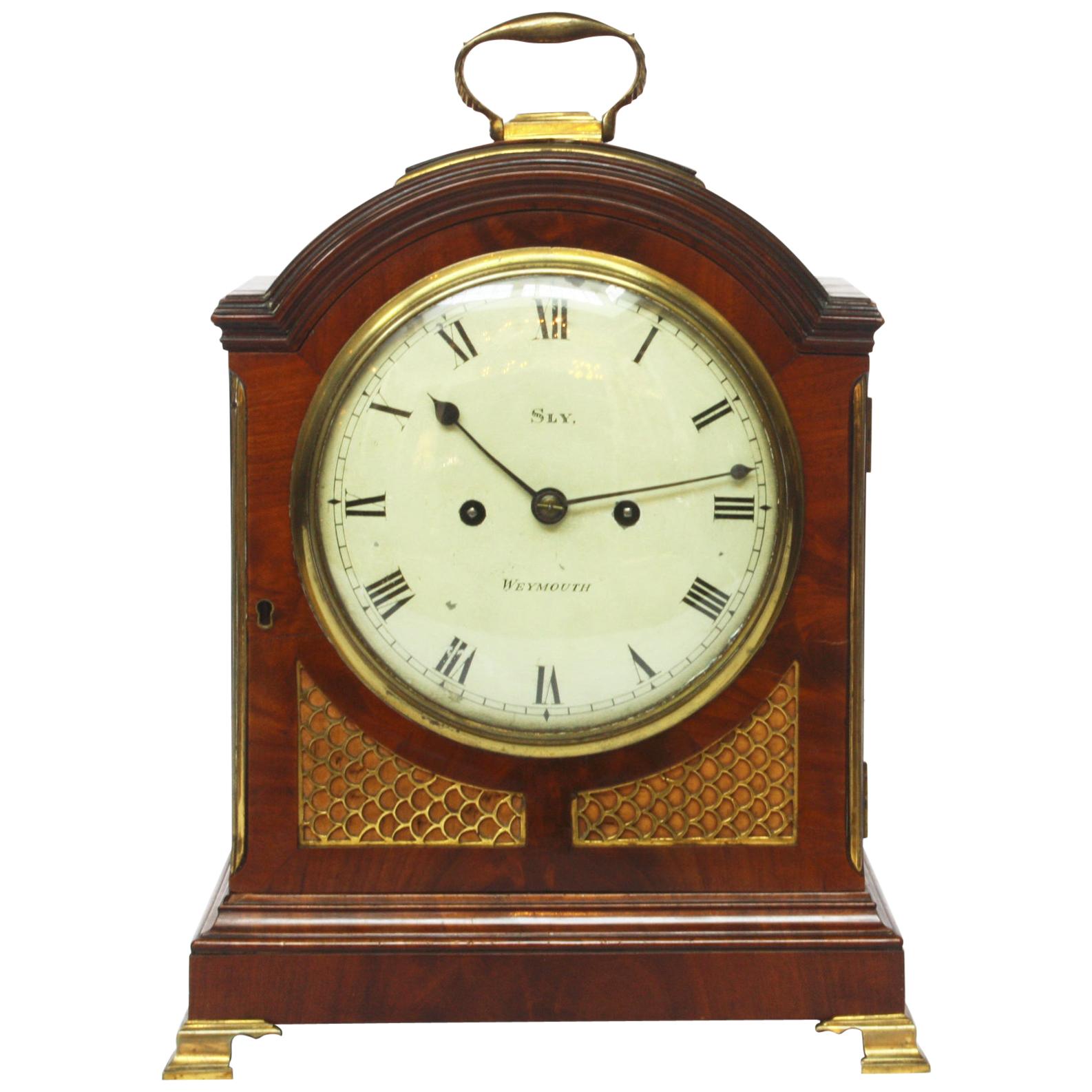George II Mahogany Arched-Top Bracket Clock by Sly, Weymouth, England For Sale
