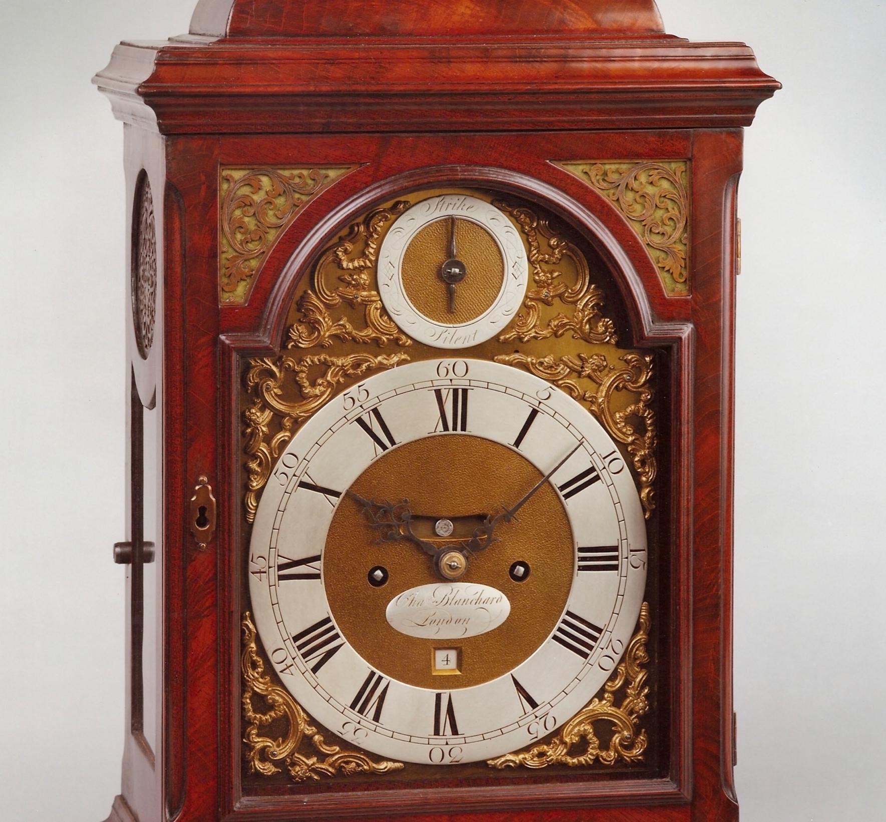 George II 18th Century Antique Mahogany Bracket Clock by Charles Blanchard of London For Sale