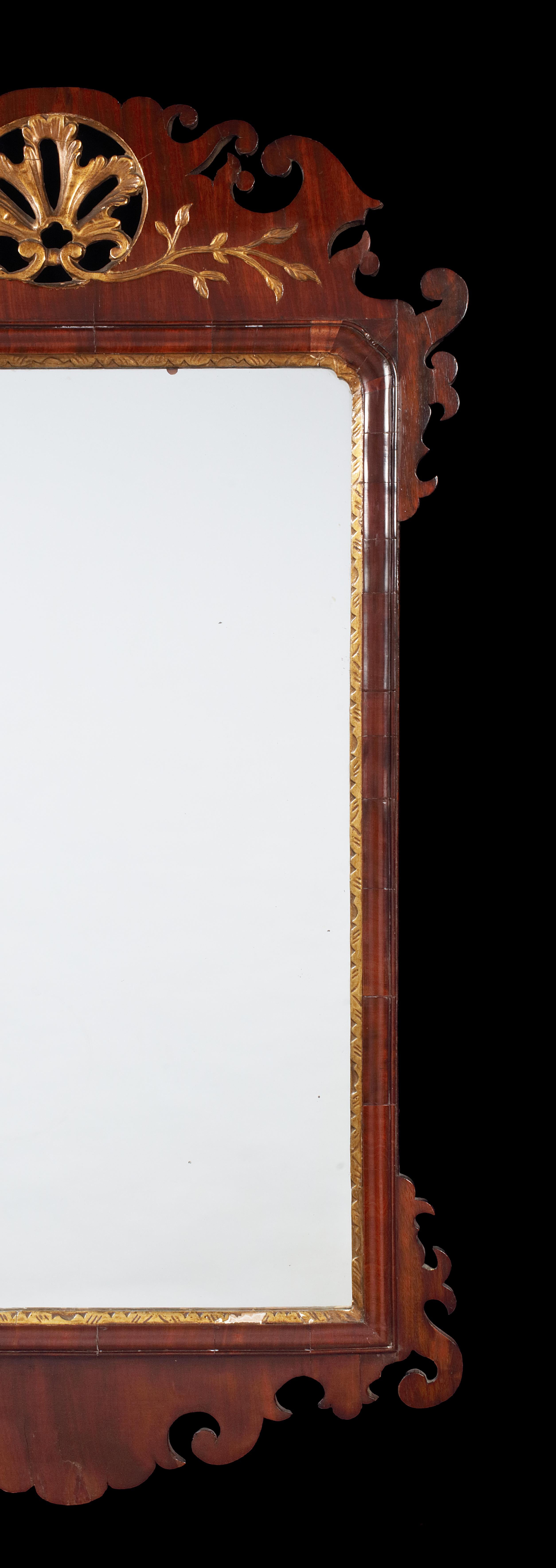 English George II Mahogany Fret Carved and Parcel Gilt Mirror