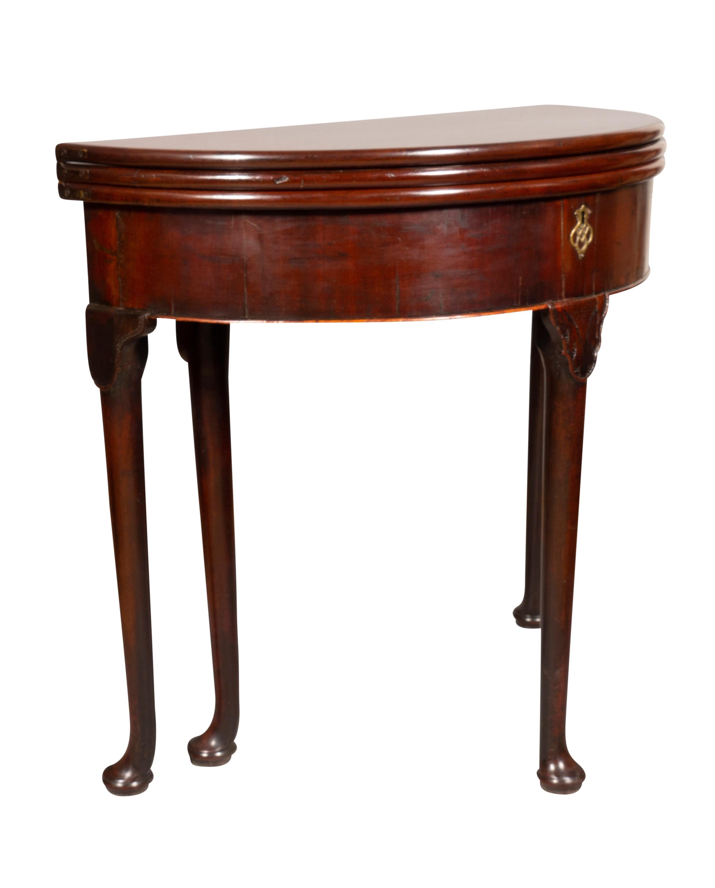 Brass George II Mahogany Triple Top Demilune Games Table For Sale