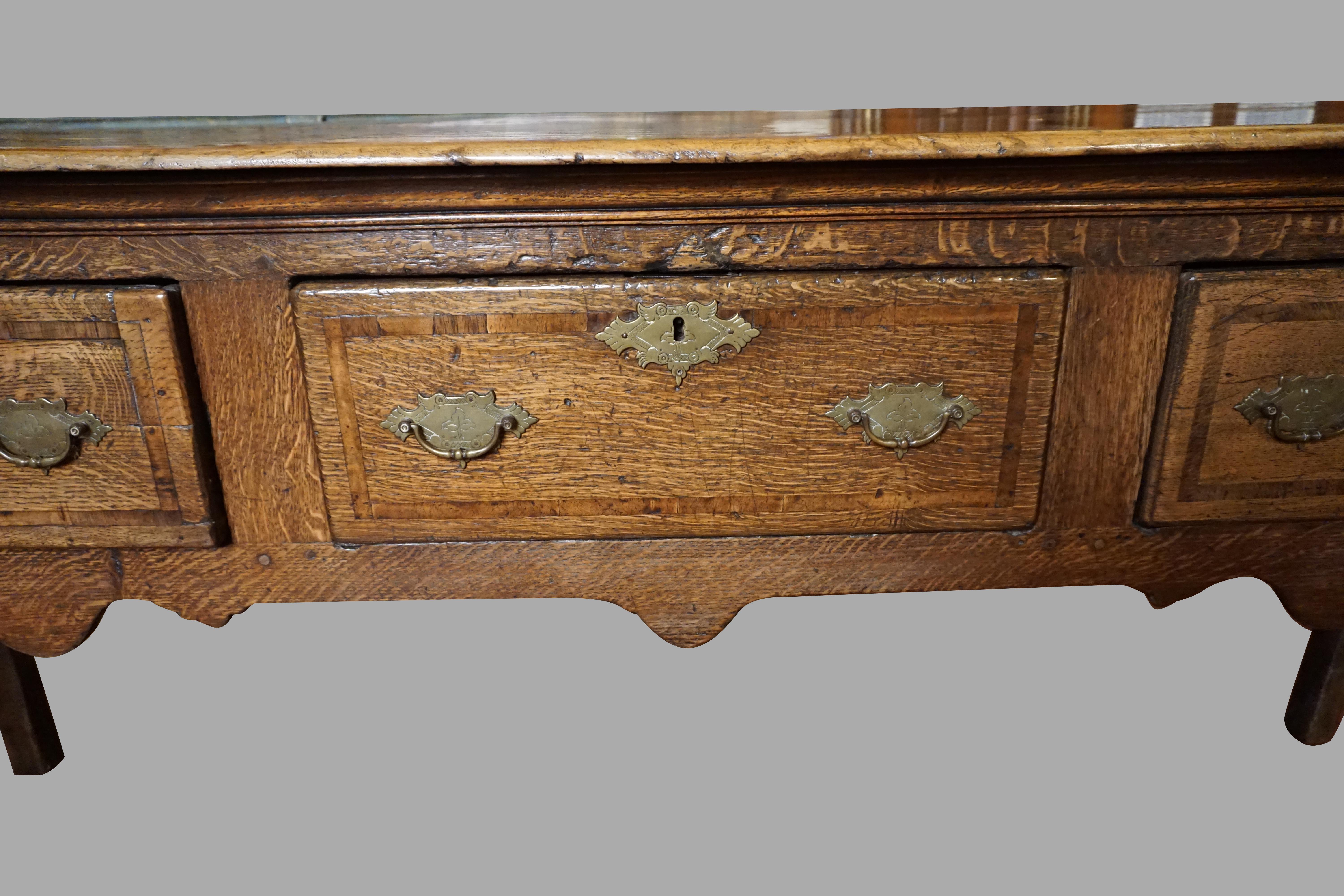 English George II Oak Dresser Base with 3 Crossbanded Drawers on Cabriole Legs For Sale