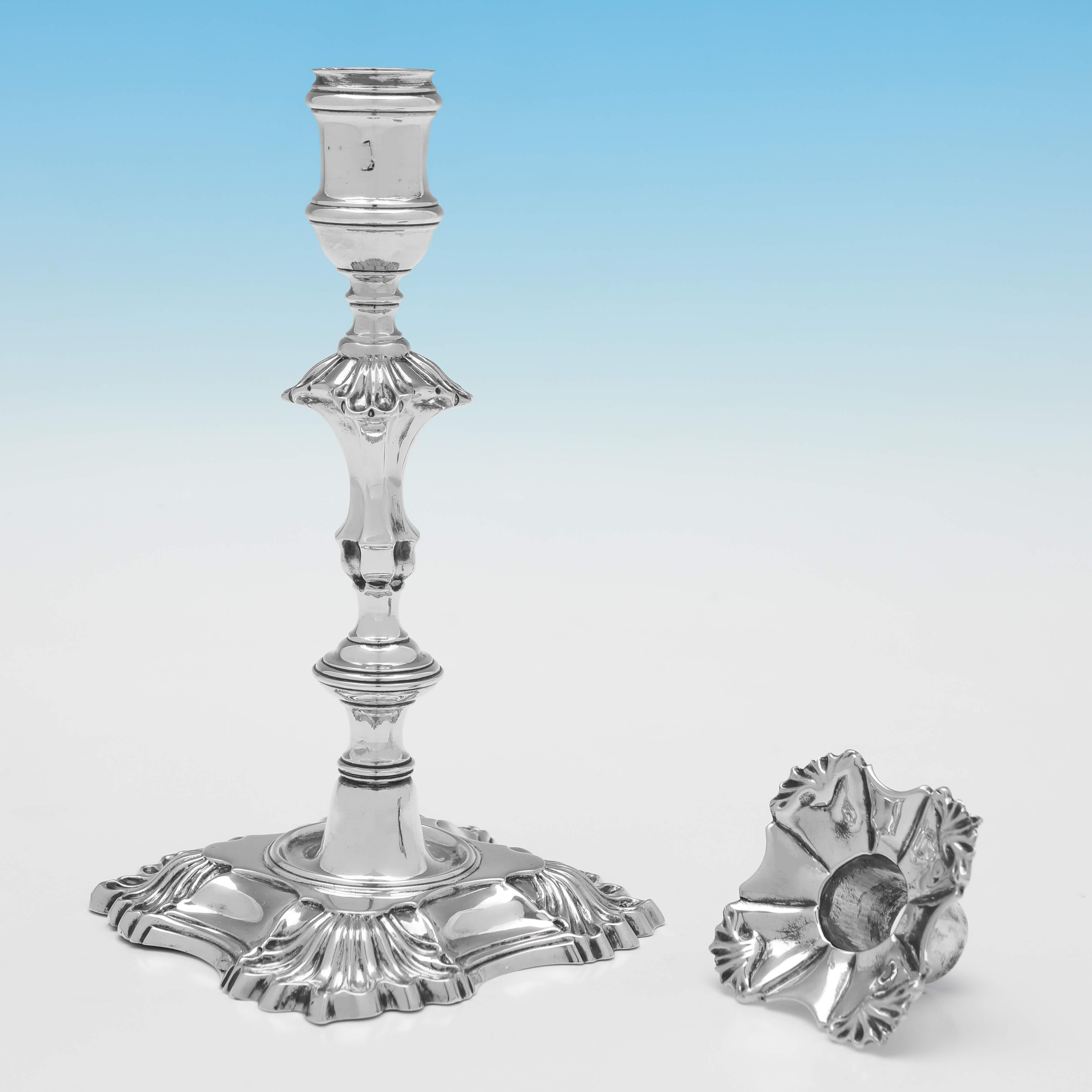 English George II Period Cast Sterling Silver Candlesticks - 4 Shell - London 1751 For Sale