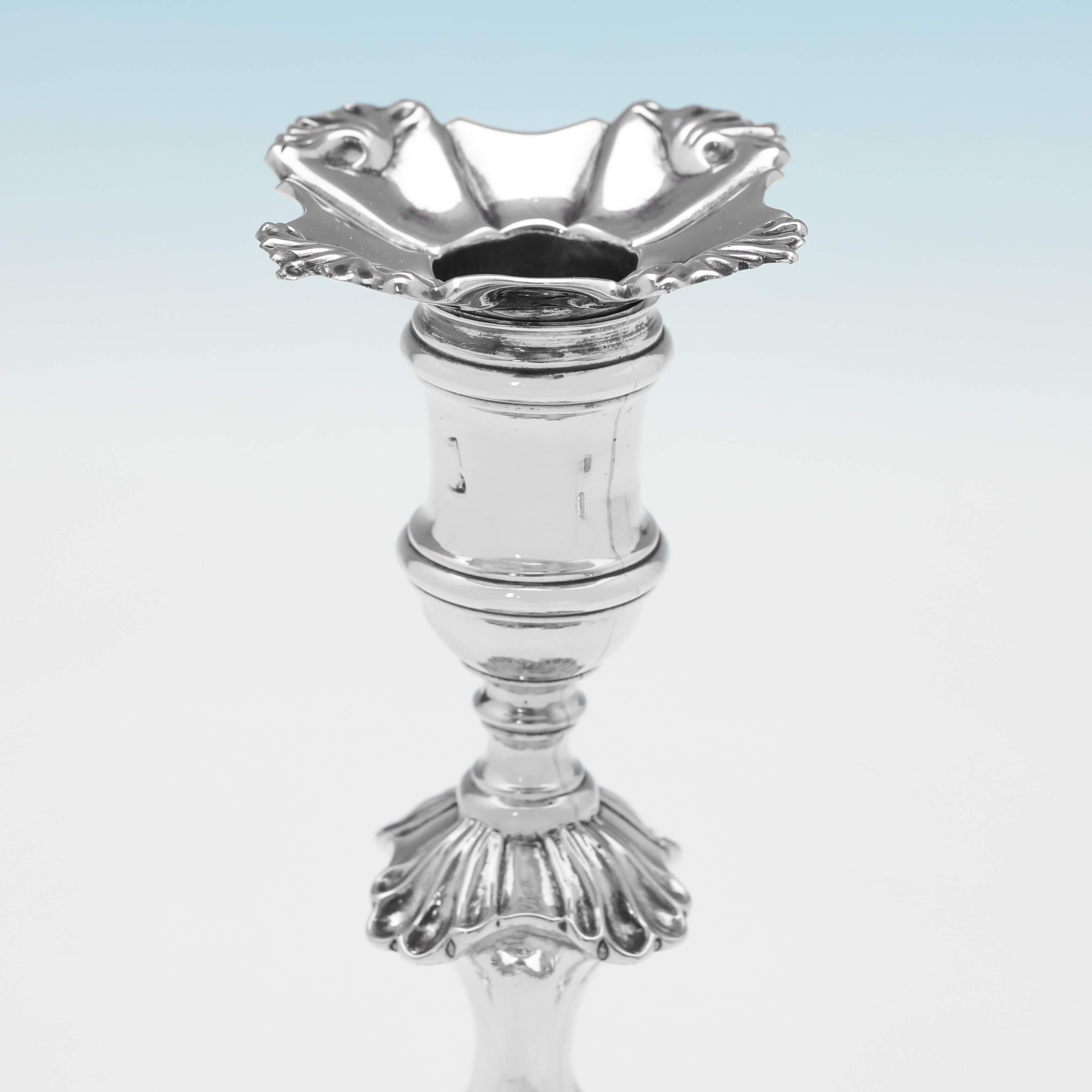 Mid-18th Century George II Period Cast Sterling Silver Candlesticks - 4 Shell - London 1751 For Sale
