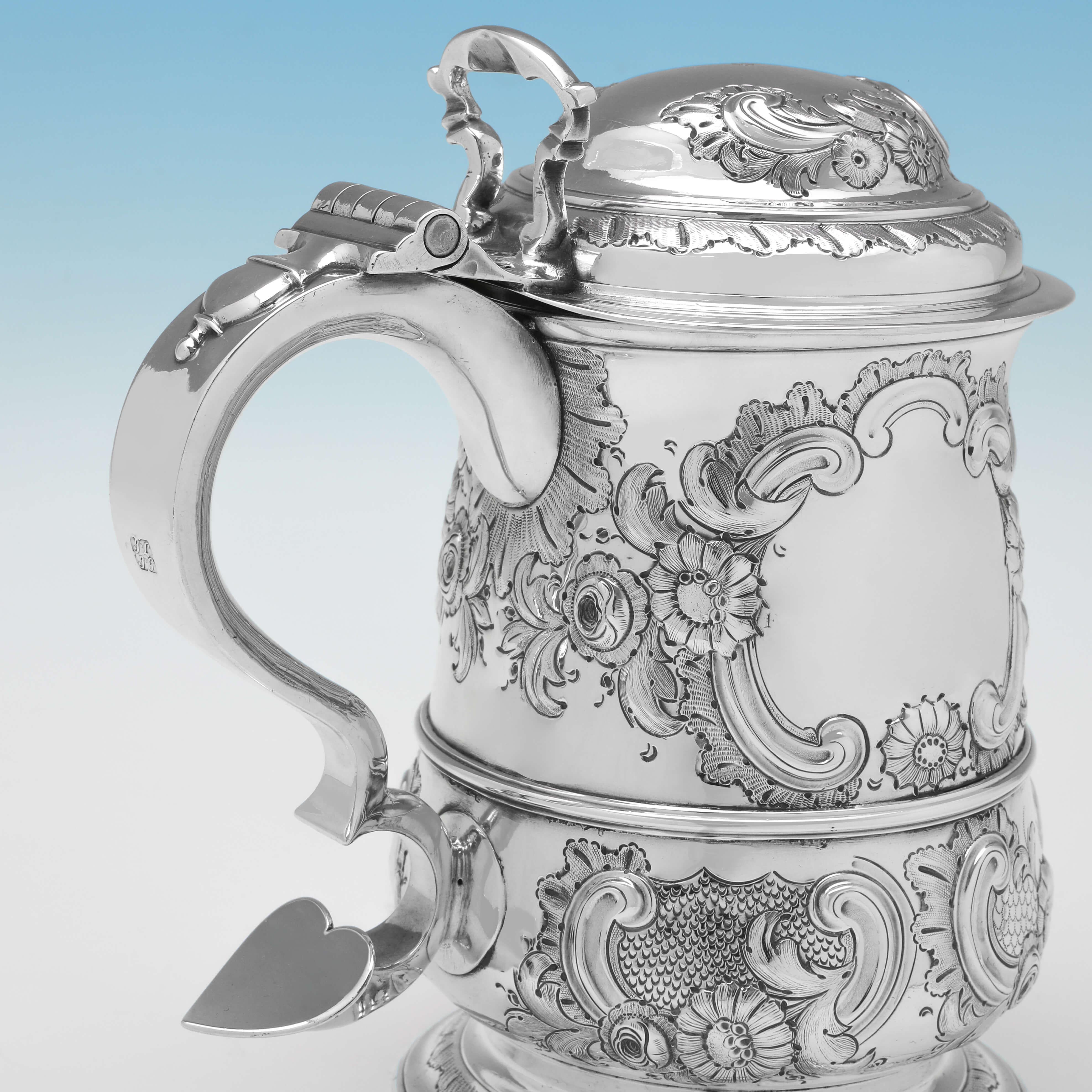 English George II Period Later Chased Antique Sterling Silver Tankard, London 1756 For Sale