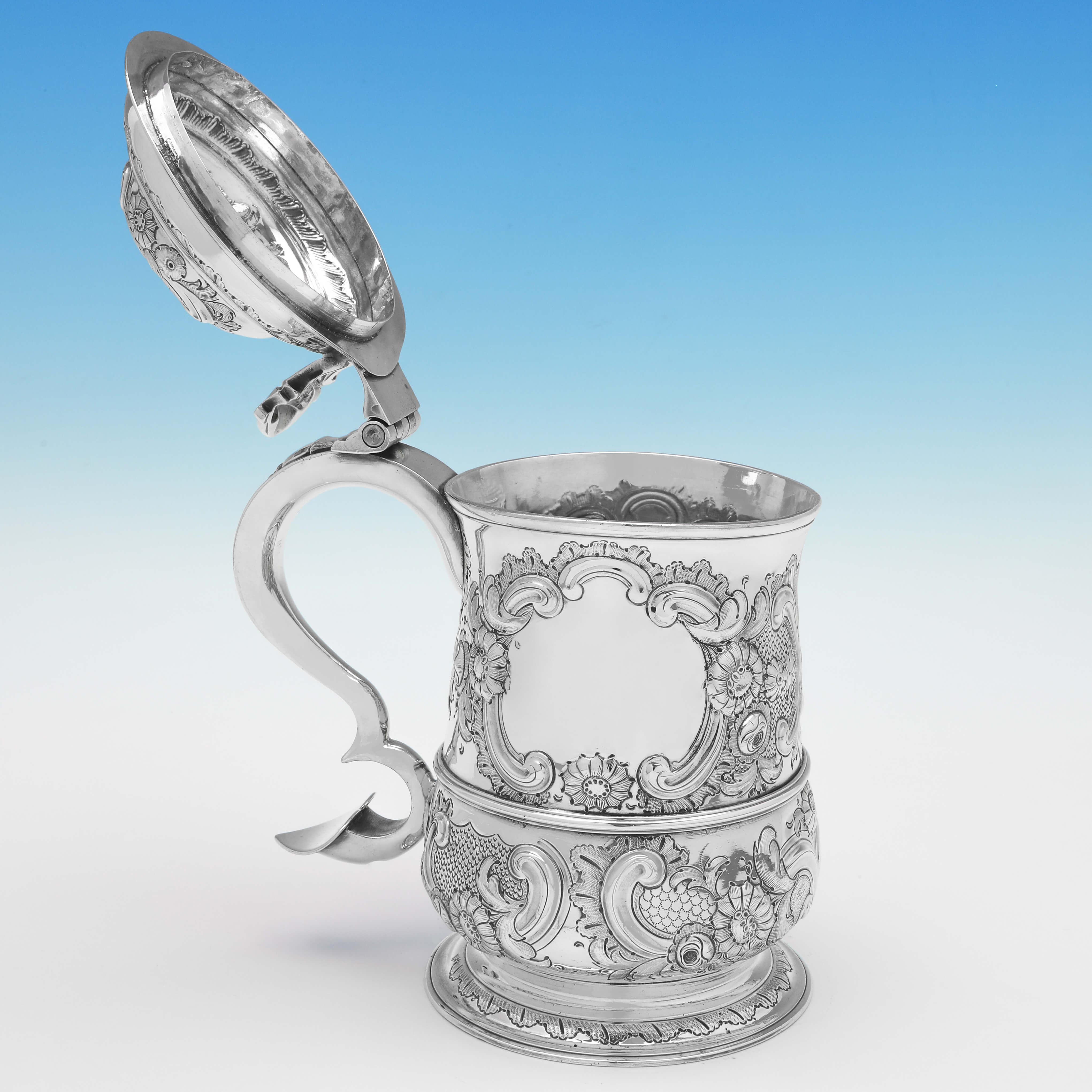 Mid-18th Century George II Period Later Chased Antique Sterling Silver Tankard, London 1756 For Sale