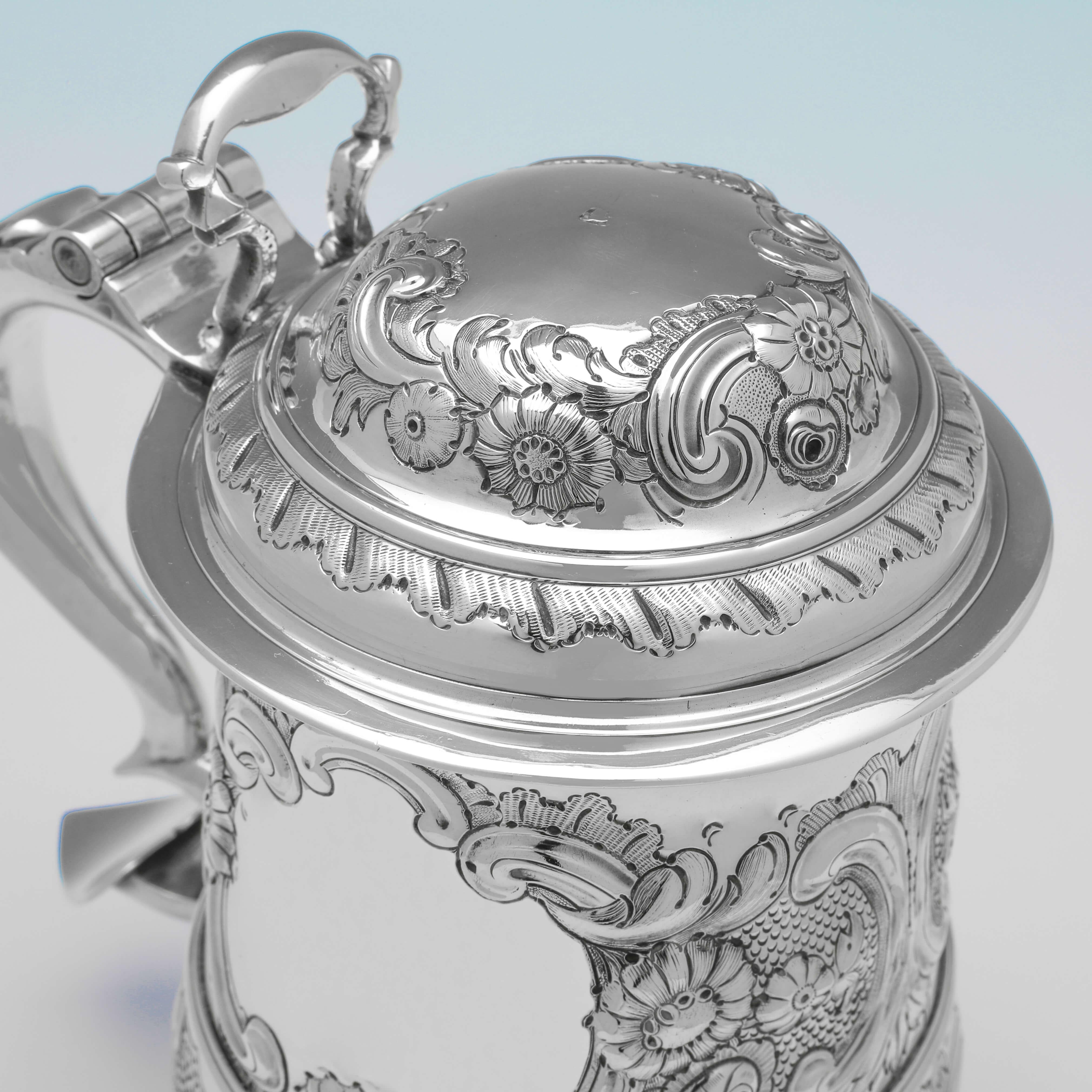 George II Period Later Chased Antique Sterling Silver Tankard, London 1756 For Sale 1