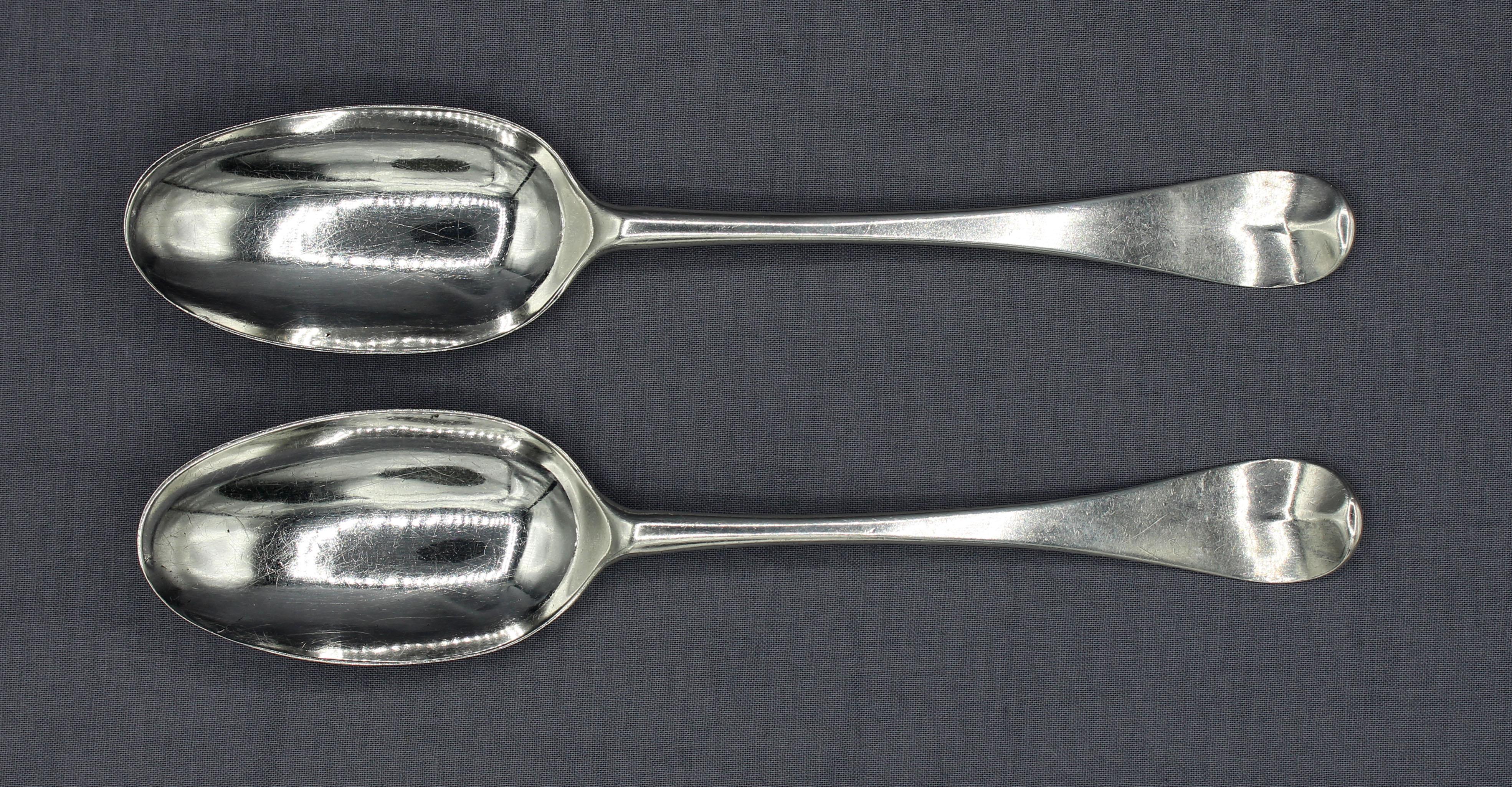 1745 & 1746 pair of Hanoverian pattern sterling silver tablespoons, London. George II. Made by Marmaduke Daintrey. His crowned monogram may indicate marking after his 1747 move to 