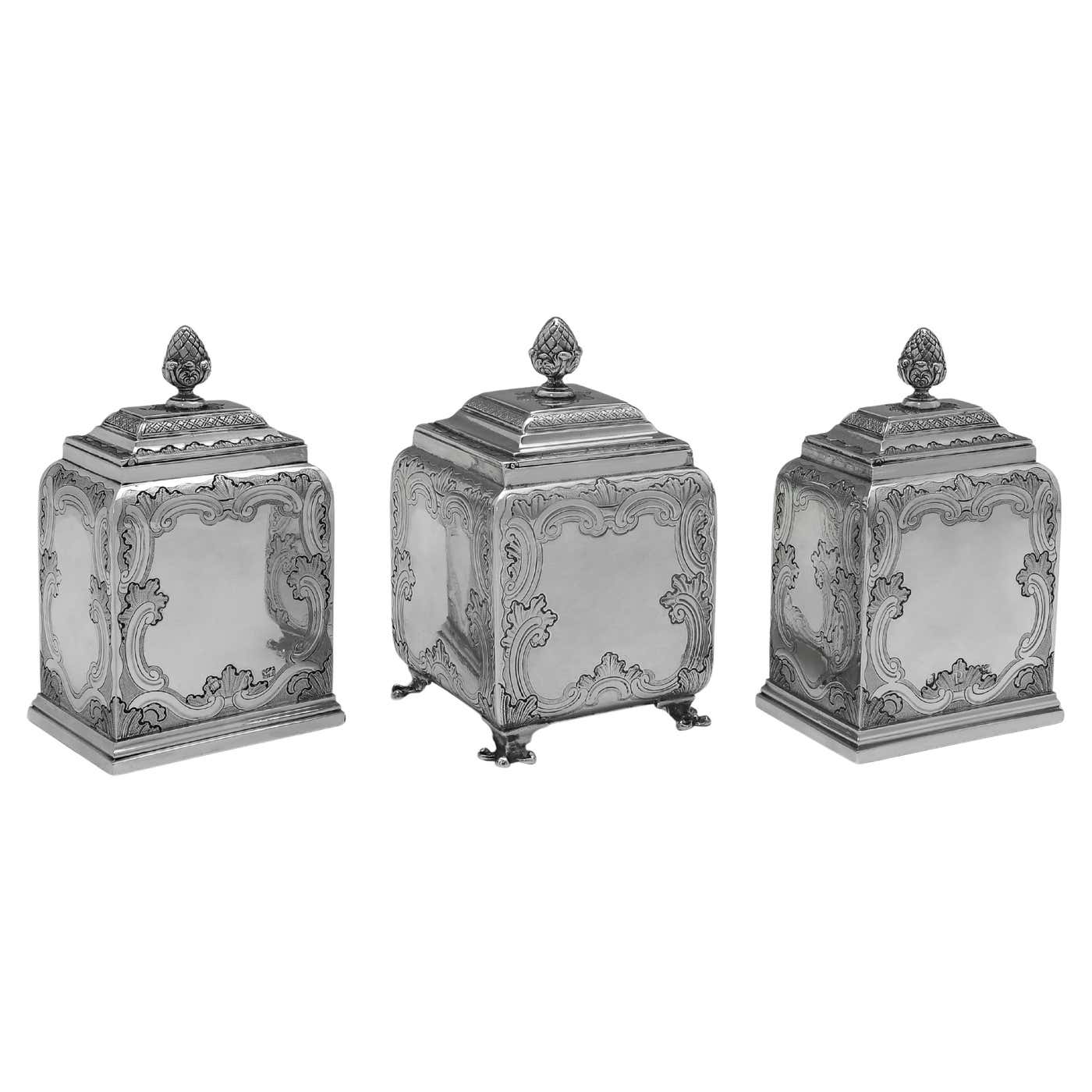 George II period rococo design tea caddy suite made in London 1739 by ...