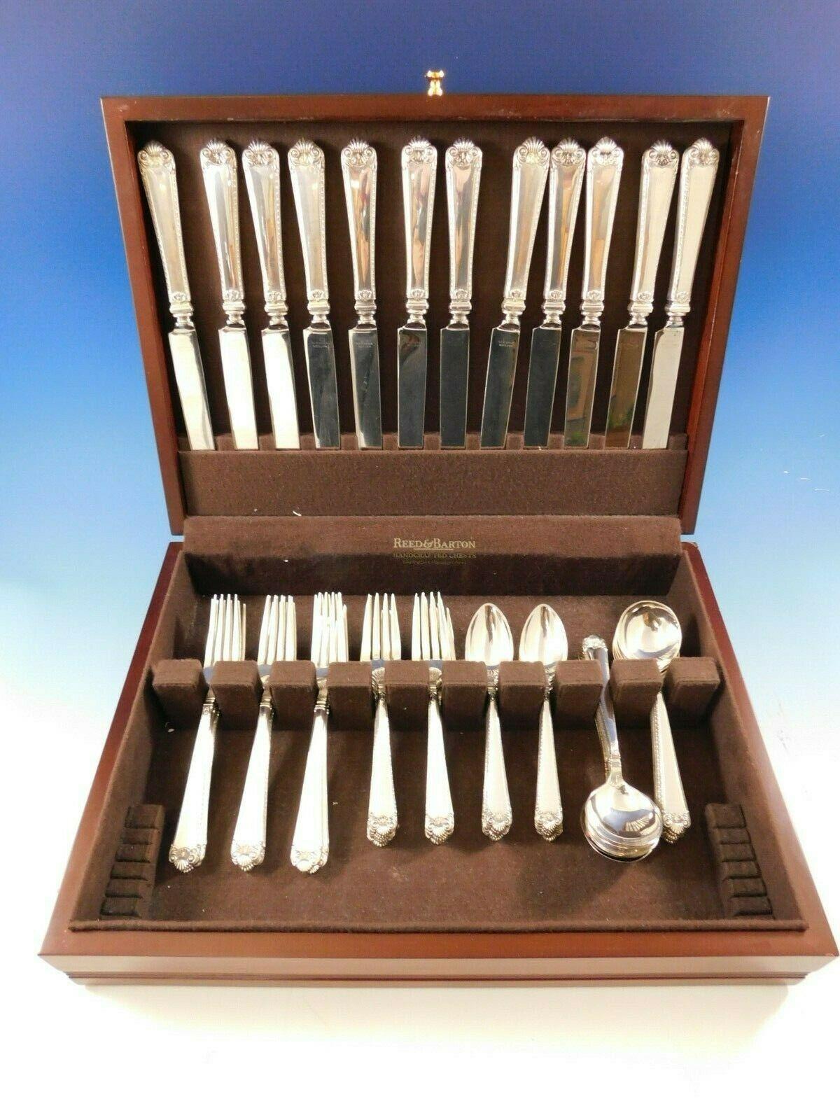 Fabulous George II Rex hand chased by Watson sterling silver dinner size flatware service, 60 pieces. This pattern is wonderfully heavy and especially scarce in the dinner size! This set includes:

12 dinner size knives, 10 1/4
