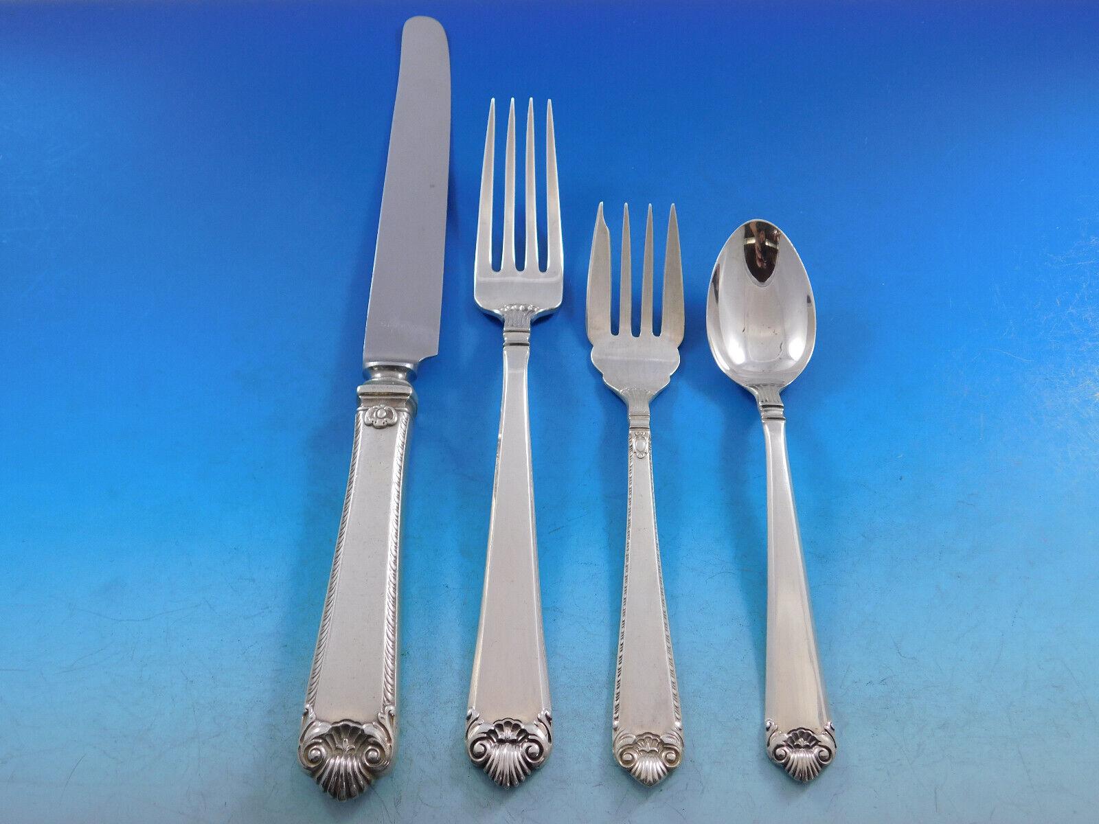 GEORGE II REX HAND CHASED BY WATSON sterling silver Dinner & Luncheon Flatware service, 81 pieces. This pattern is wonderfully heavy! This set includes:

6 Dinner Size Knives w/ French stainless blades, 10 1/8