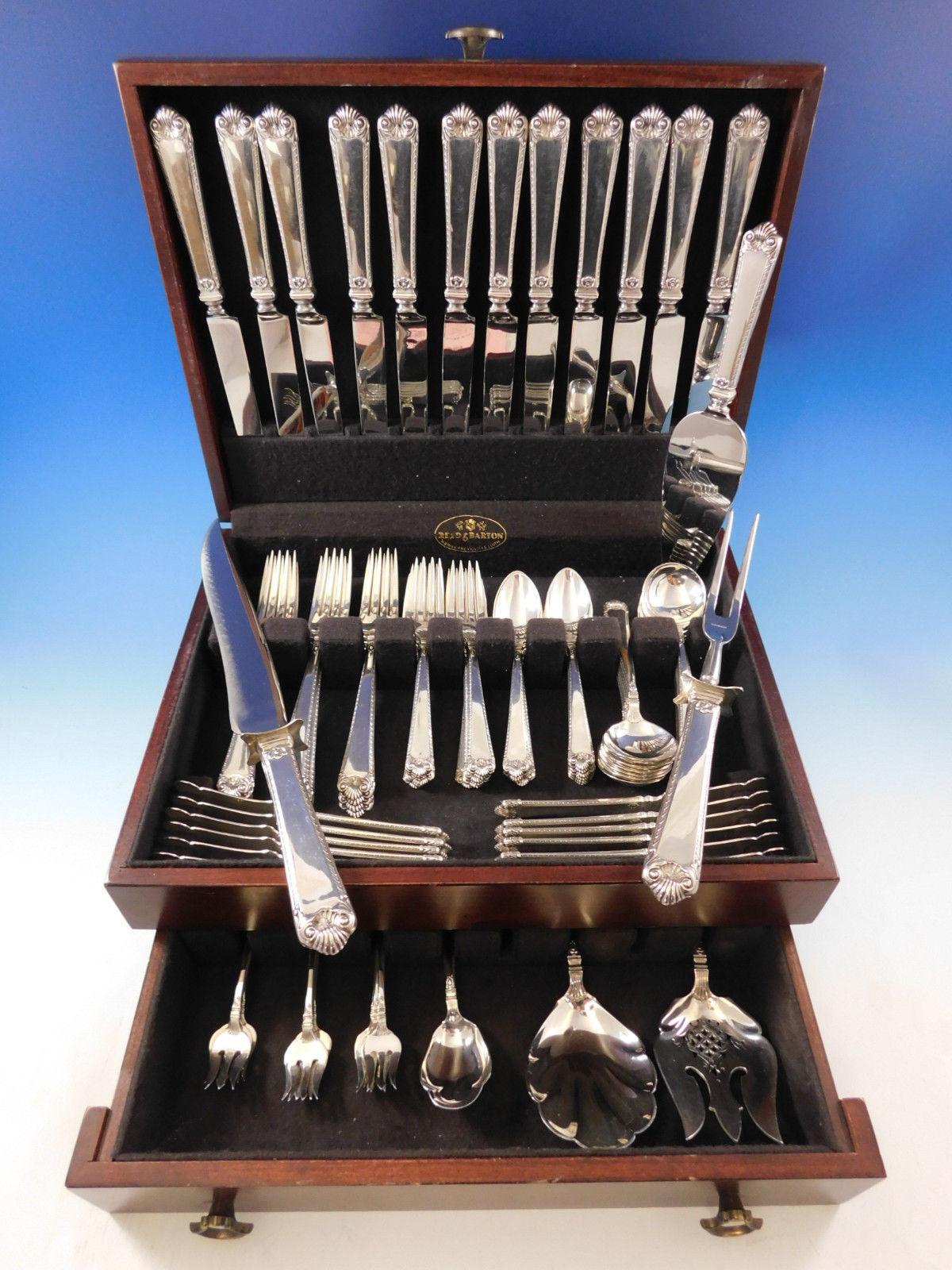 Large and heavy Dinner Size George II Rex Hand Chased by Watson, circa 1936, Sterling Silver Flatware set - 90 pieces. This set includes:

12 Large Dinner Size Knives, 10 1/8
