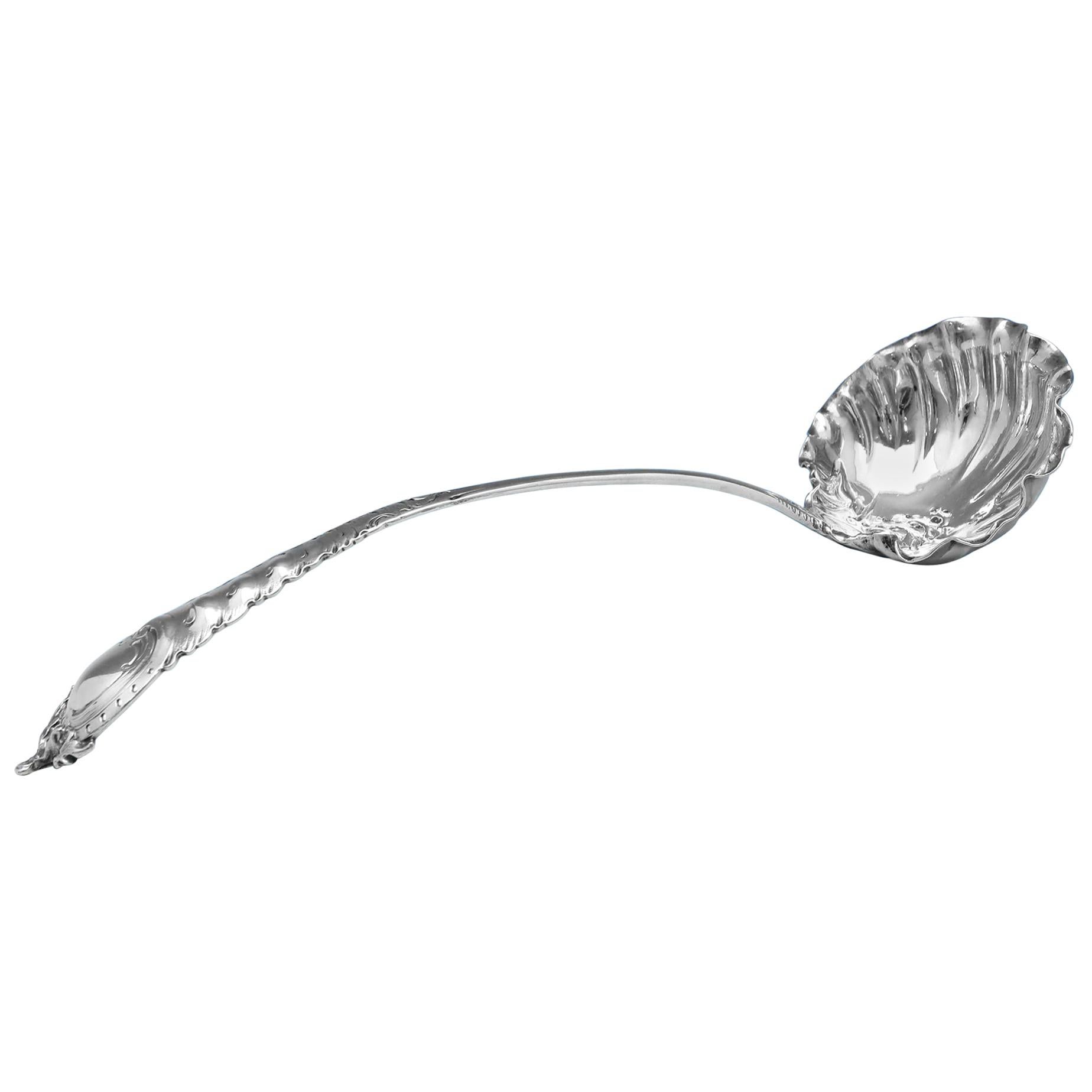 George II Rococo Antique Sterling Silver Punch Ladle by Ebeneezer Coker, 1756