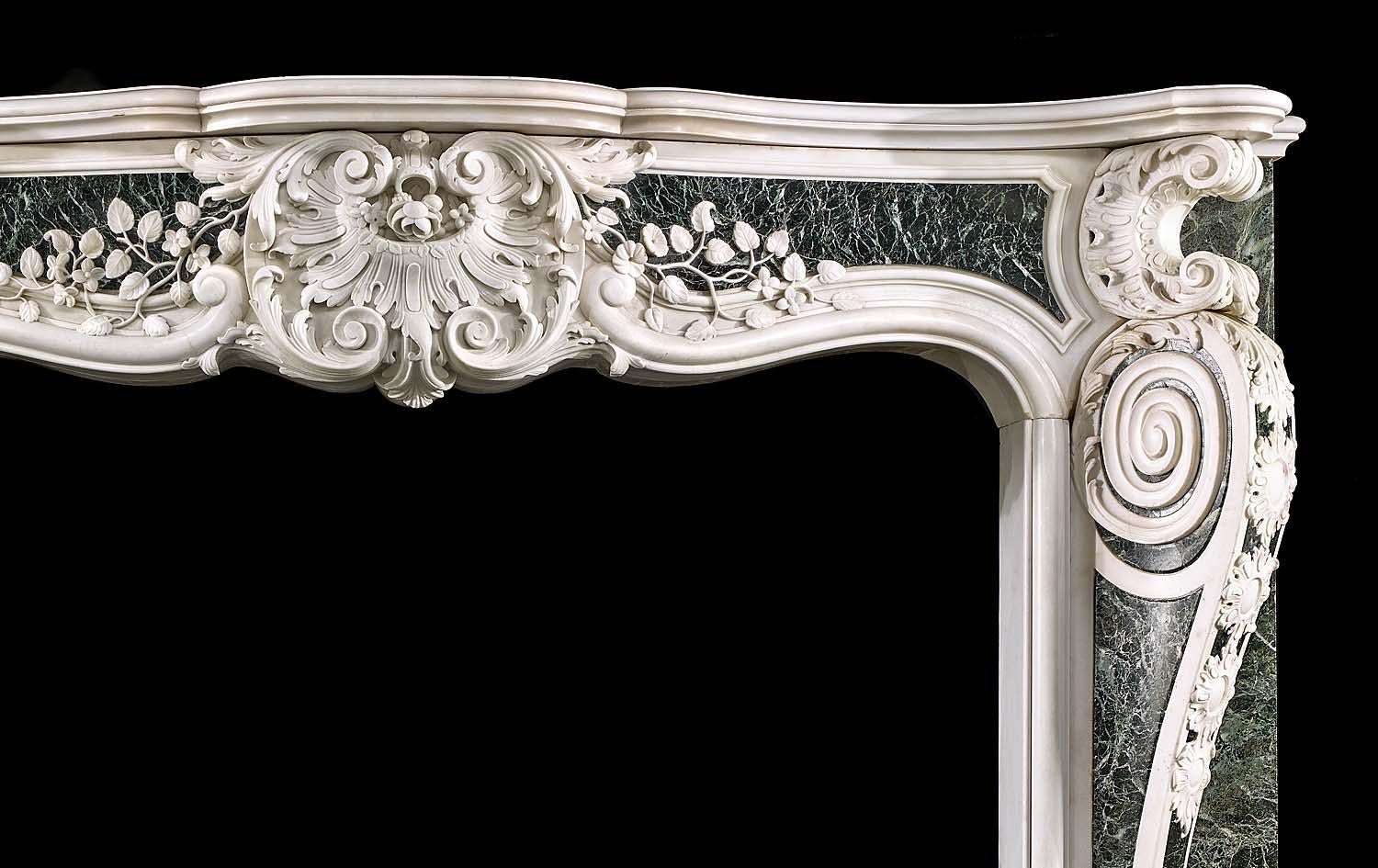 English George II Rococo Chimneypiece in White Statuary and Verde Antico Marble For Sale