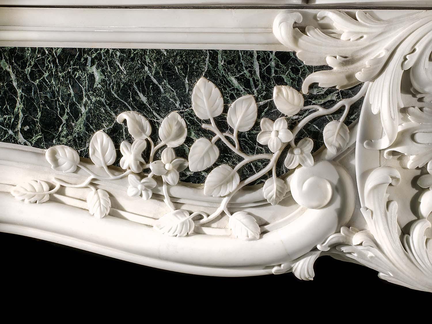 18th Century George II Rococo Chimneypiece in White Statuary and Verde Antico Marble For Sale
