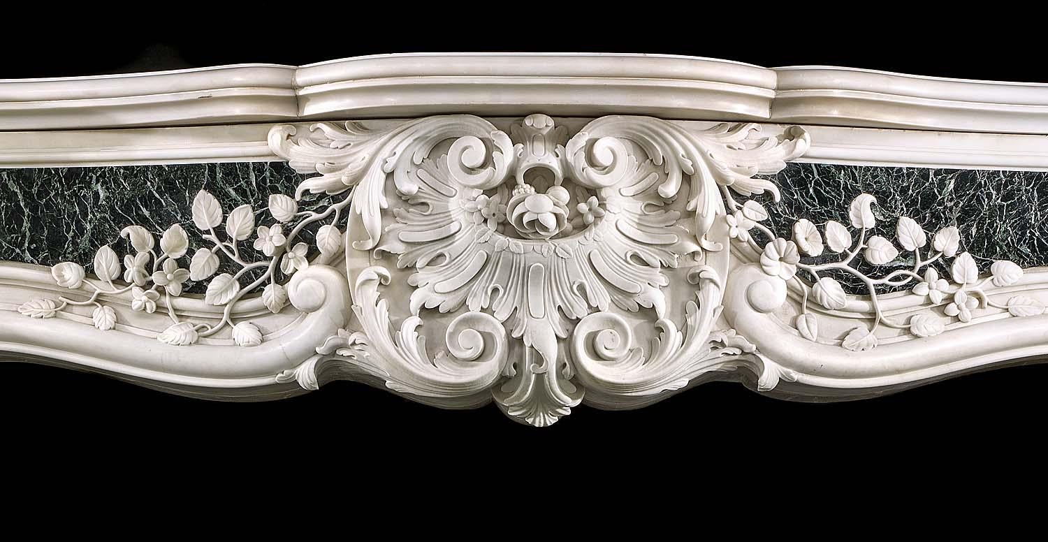George II Rococo Chimneypiece in White Statuary and Verde Antico Marble For Sale 1