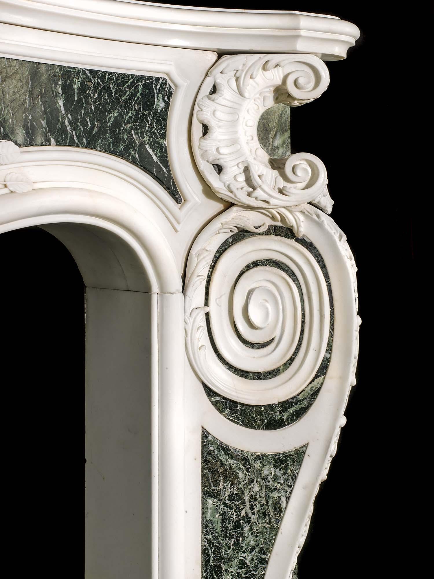 George II Rococo Chimneypiece in White Statuary and Verde Antico Marble For Sale 2