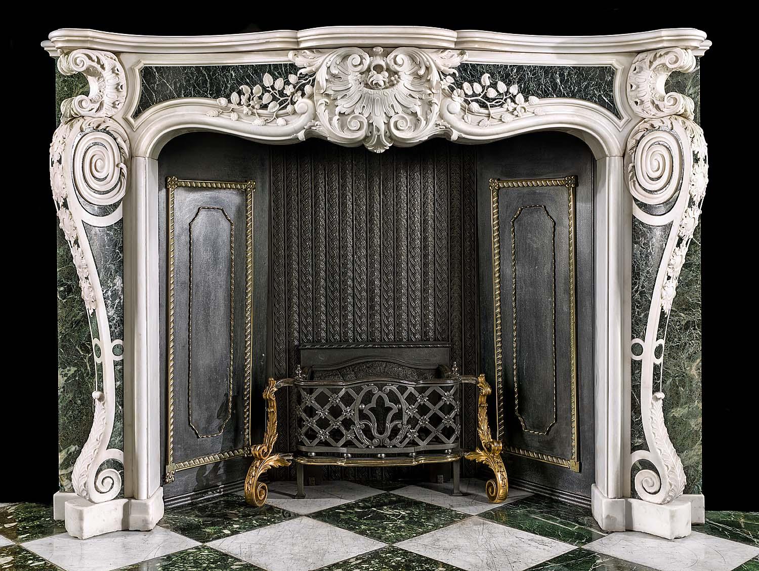 George II Rococo Chimneypiece in White Statuary and Verde Antico Marble For Sale 3