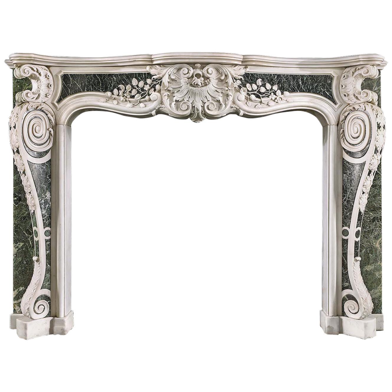 George II Rococo Chimneypiece in White Statuary and Verde Antico Marble For Sale