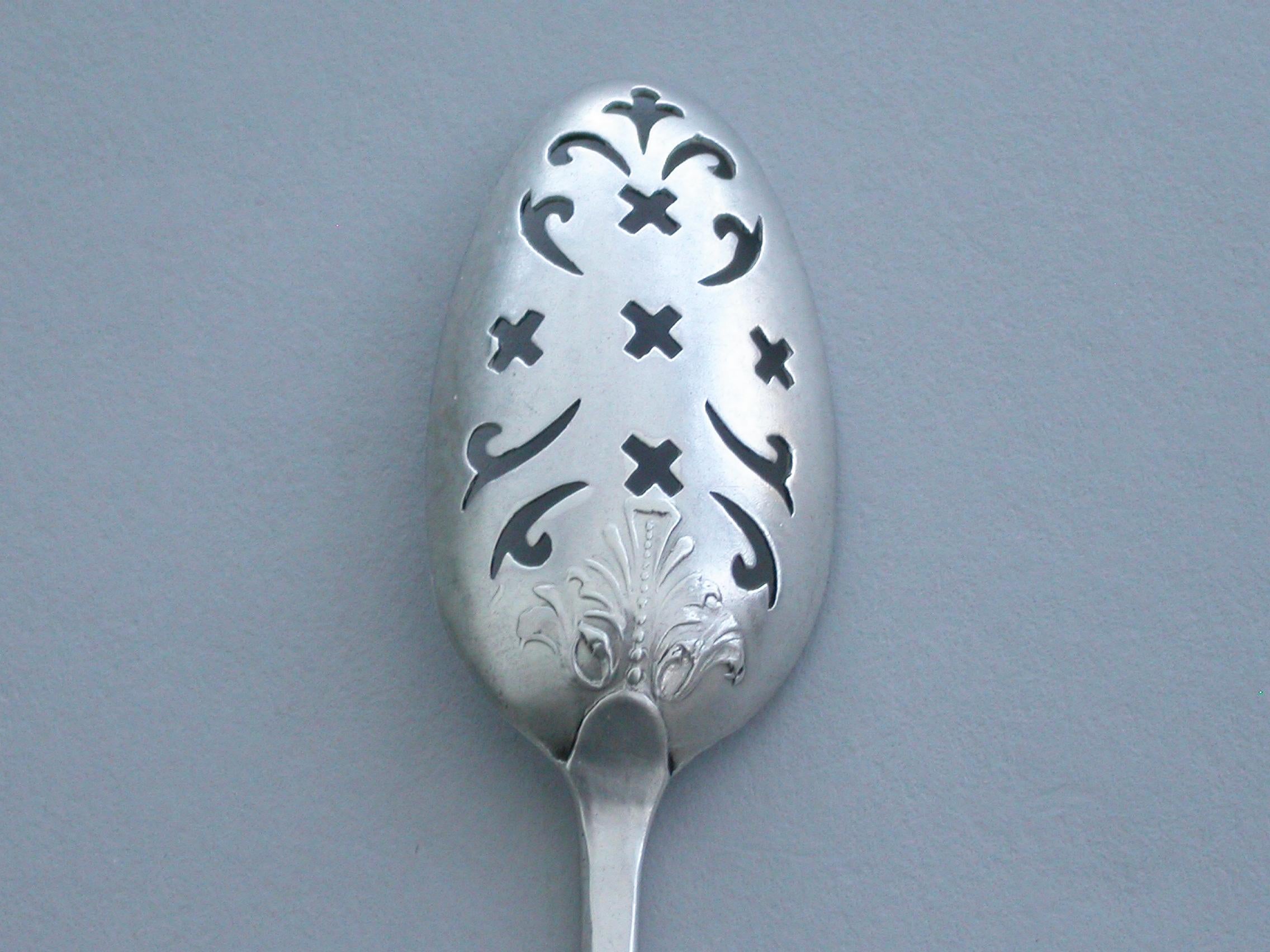 Mid-18th Century George II Rococo Silver 'Fancy-Back' Mote Spoon by Elias Cachart, London For Sale