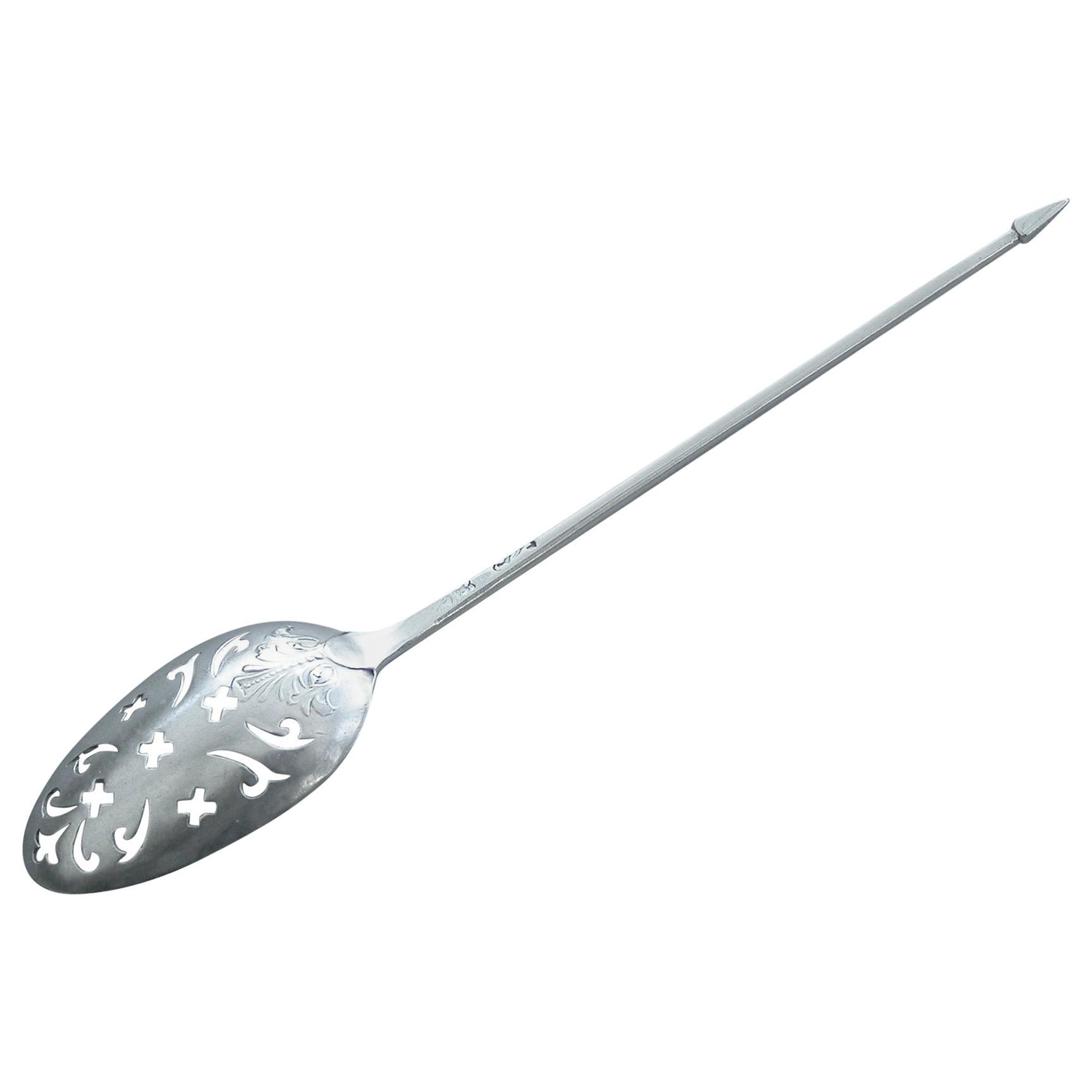 George II Rococo Silver 'Fancy-Back' Mote Spoon by Elias Cachart, London For Sale