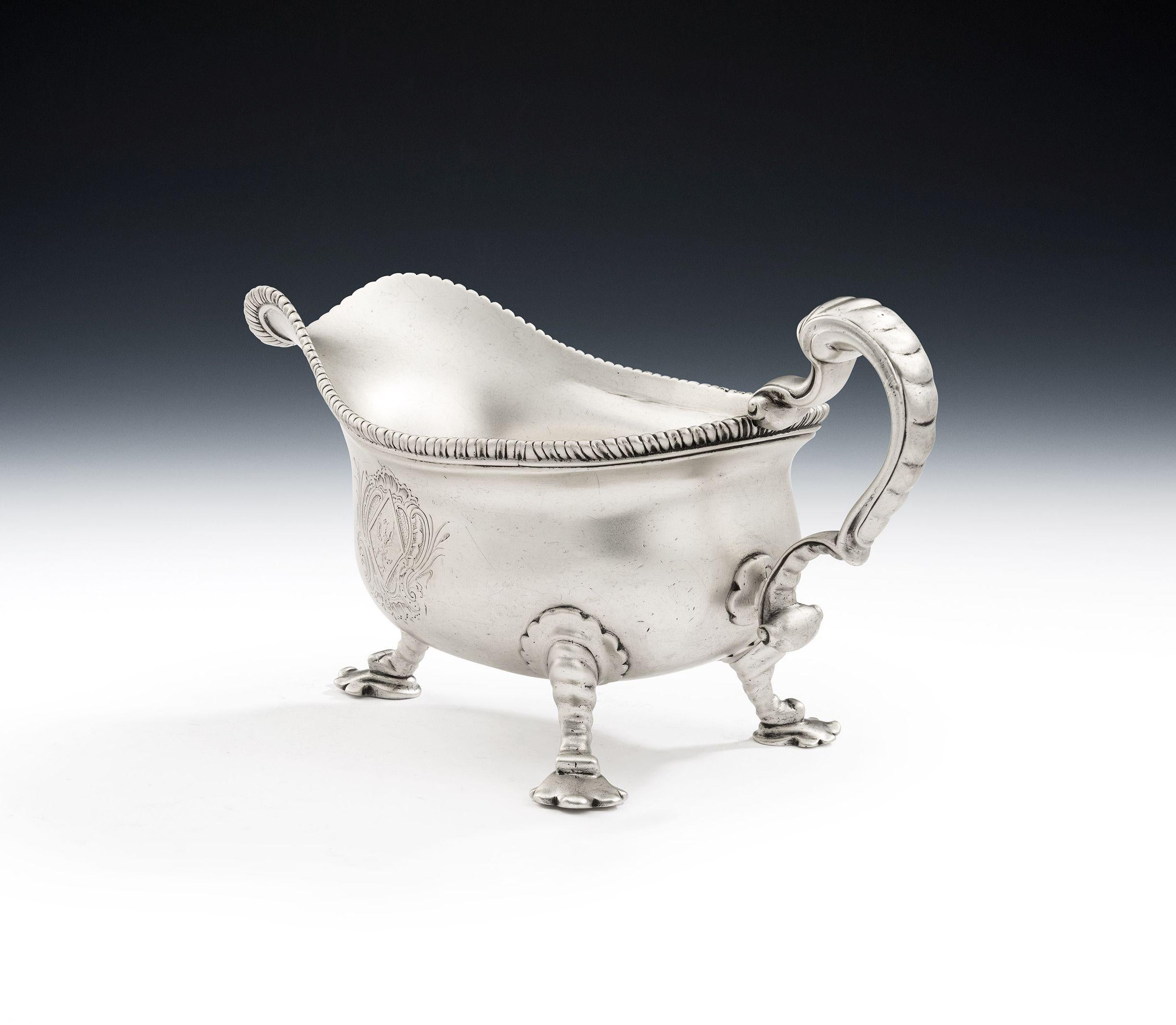 William Cripps. An Exceptionally Fine & Unusual George II Sauceboat Made in London in 1753 by William Cripps.

The Sauceboat is of a substantial size and has a slightly baluster body rising to an applied gadrooned rim. The main body stands on three
