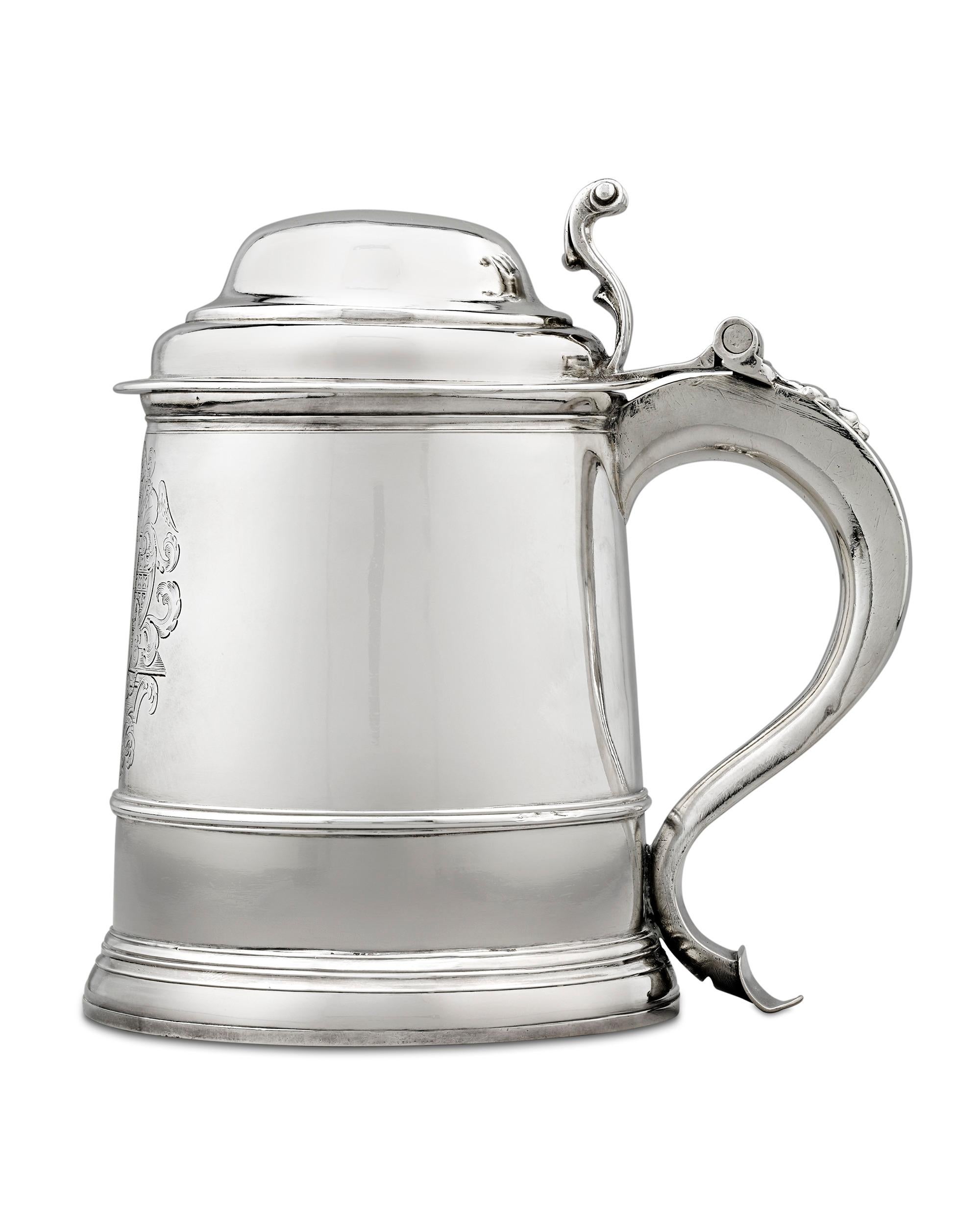 This George II-period covered silver tankard by Paul de Lamerie is a remarkable rarity from this famed English silversmith. Only three other covered tankards by de Lamerie are known: an example of 1716 in the Sterling and Francine Clark Art