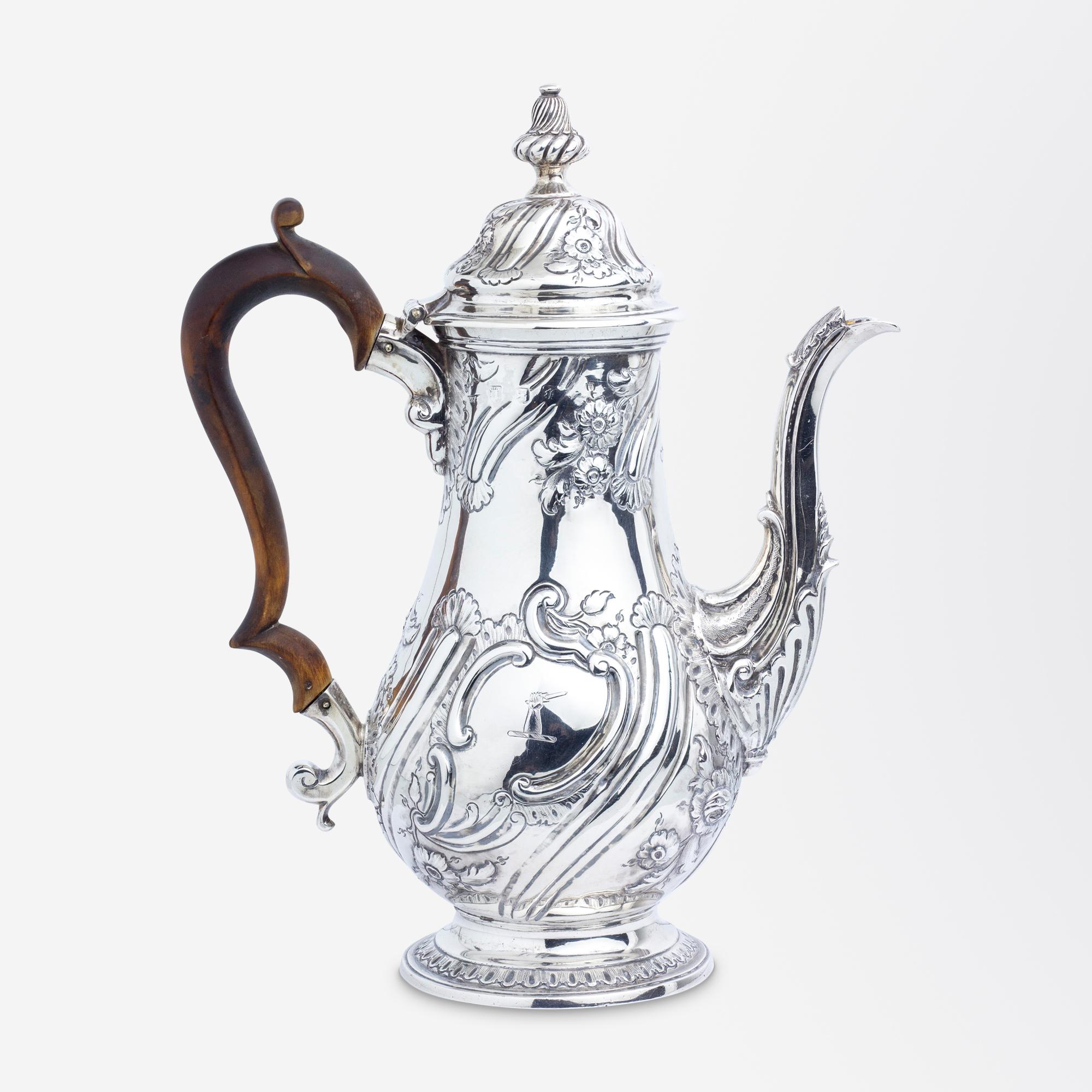 Women's or Men's George II Sterling Silver Coffee Pot Likely by William Skeen For Sale