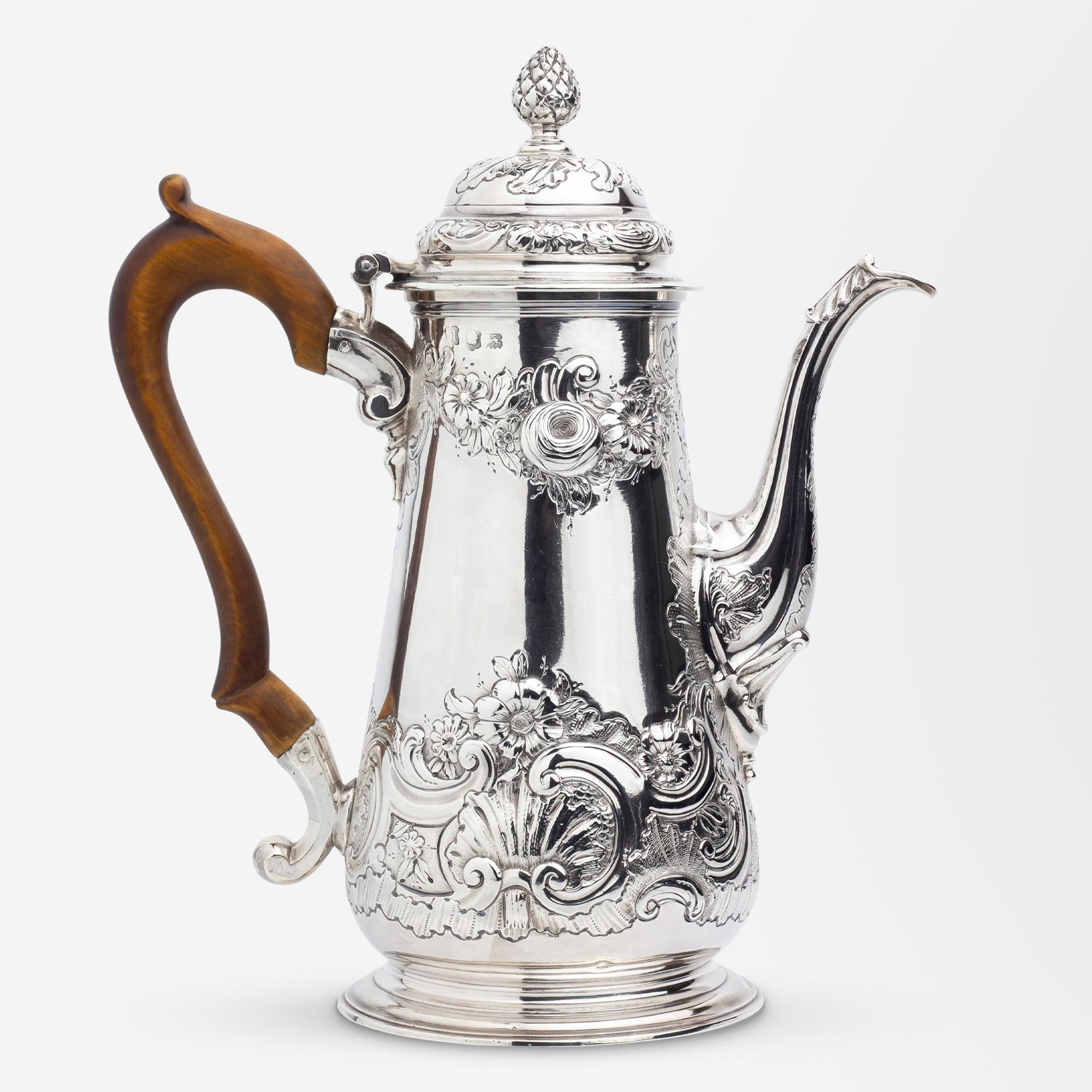 Women's or Men's George II Sterling Silver Coffee Pot with Timber Handle For Sale