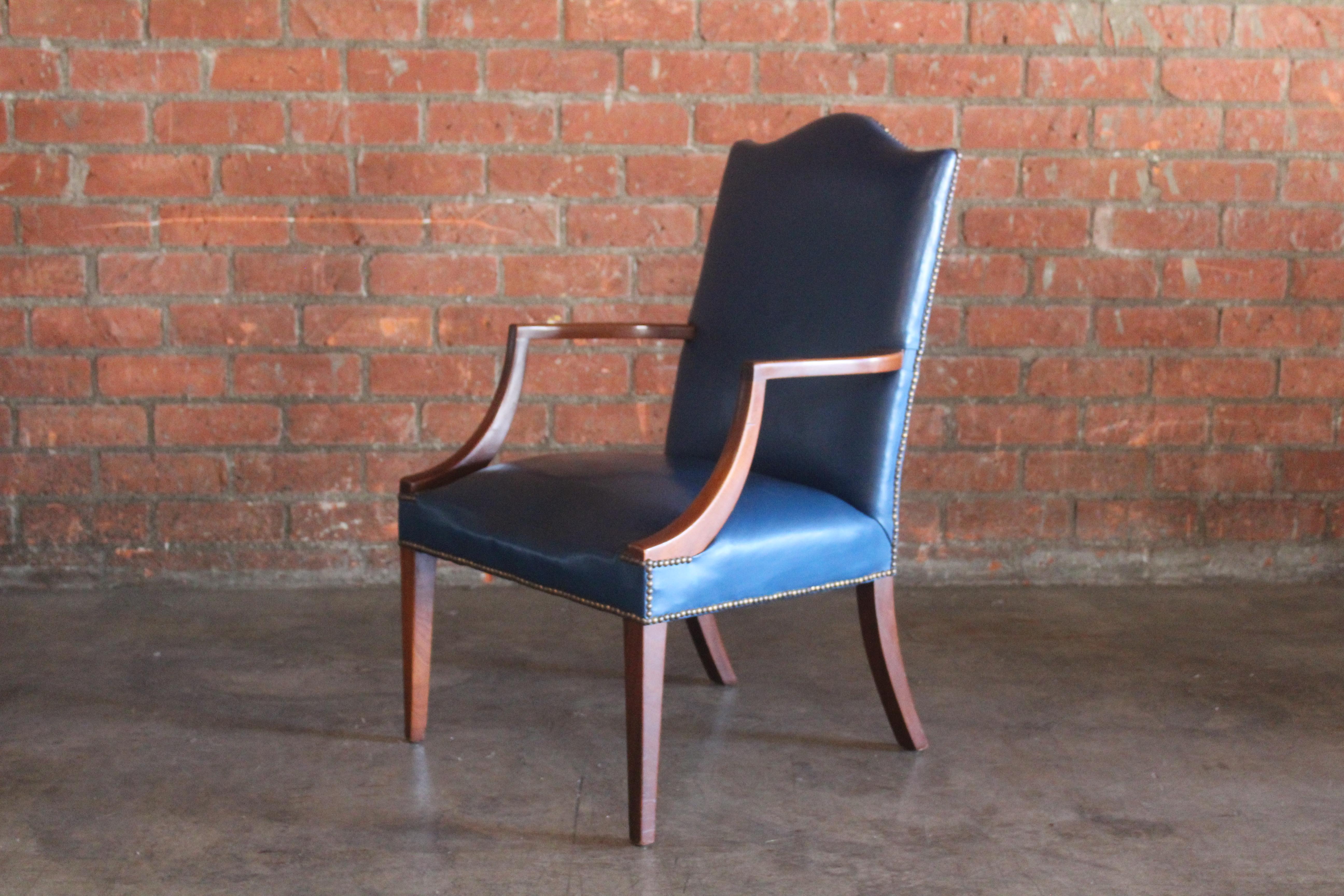 George II Stye English Mahogany Armchair in Original Blue Leather For Sale 6