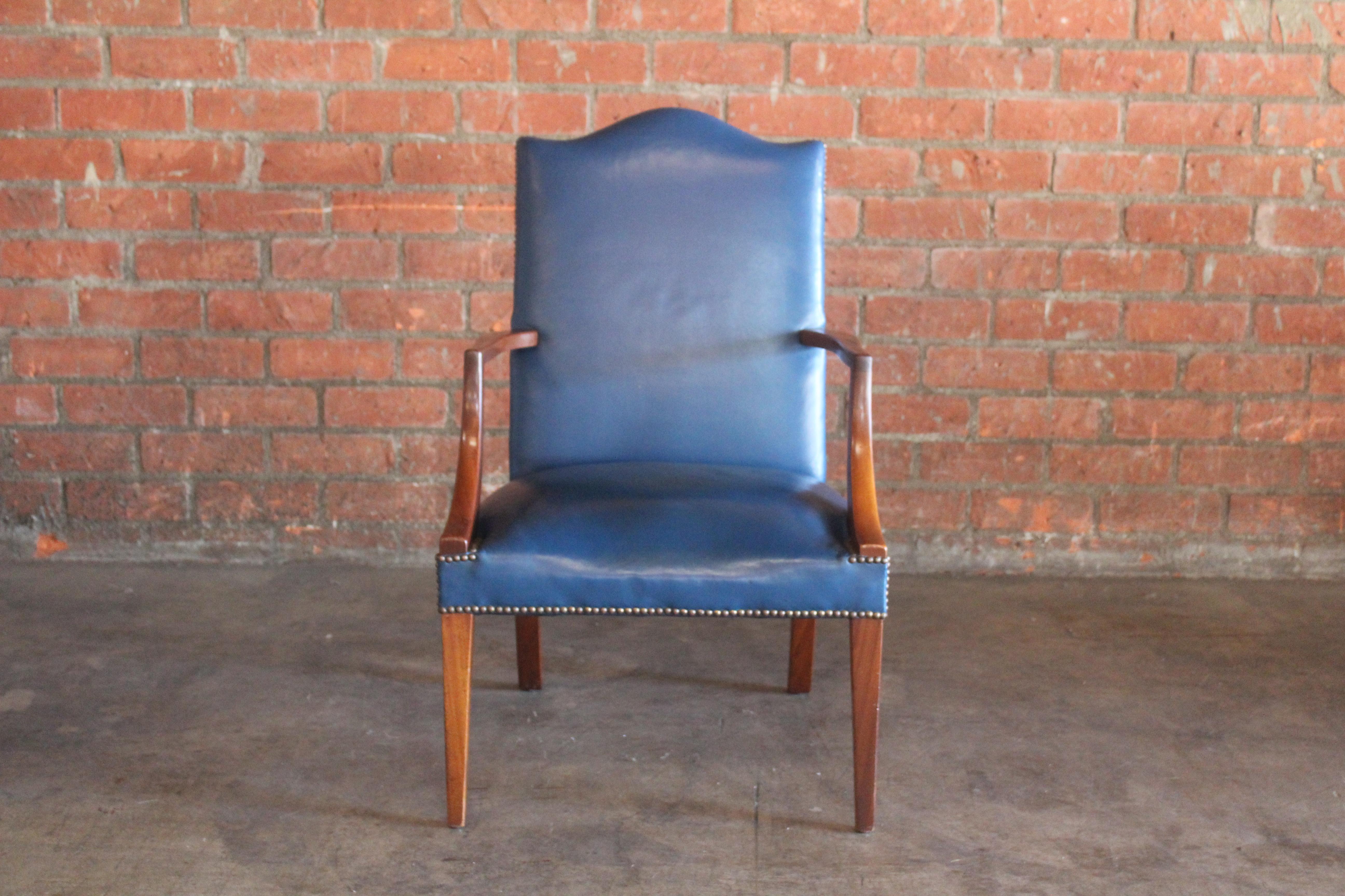George II Stye English Mahogany Armchair in Original Blue Leather For Sale 10