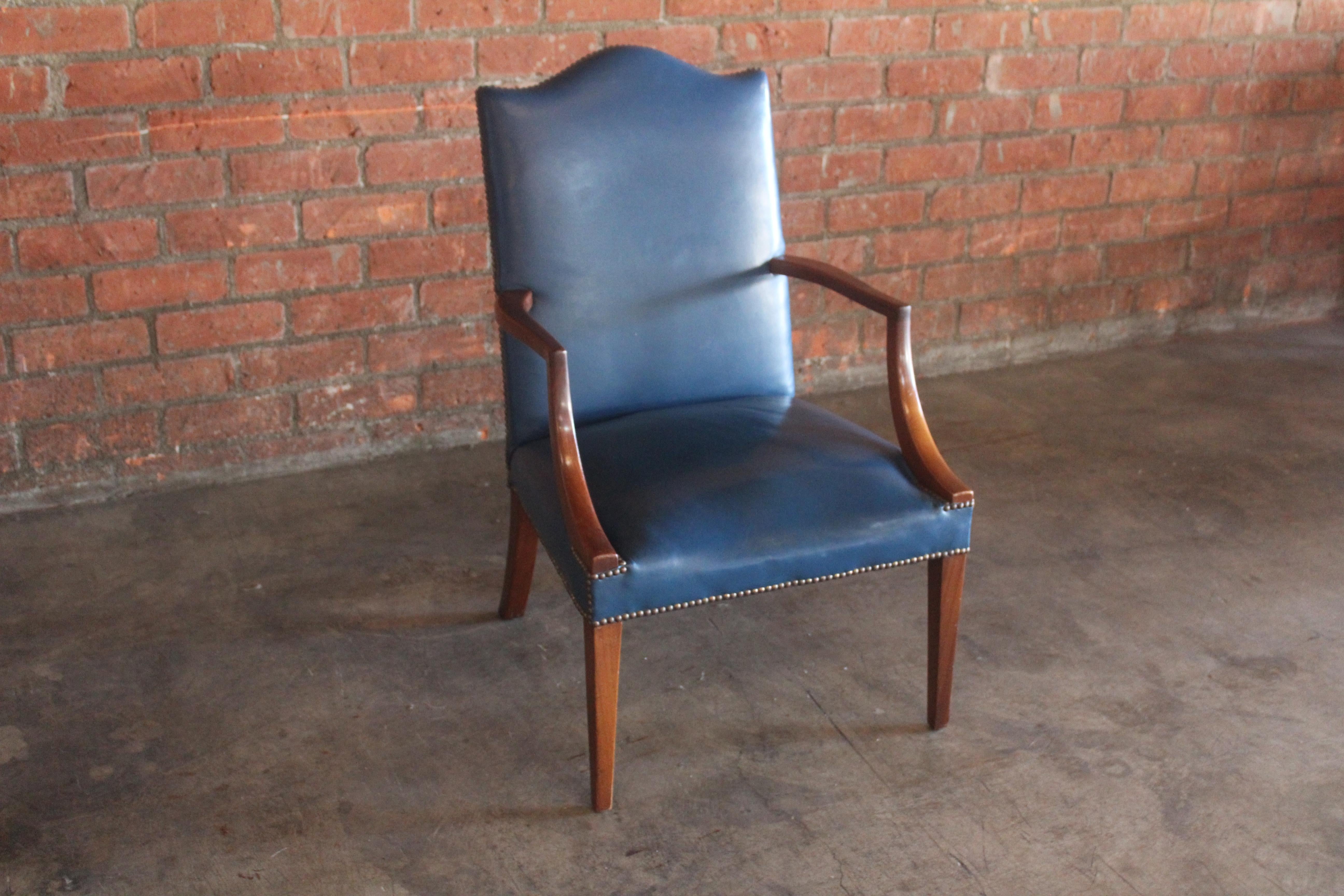 George II Stye English Mahogany Armchair in Original Blue Leather For Sale 11