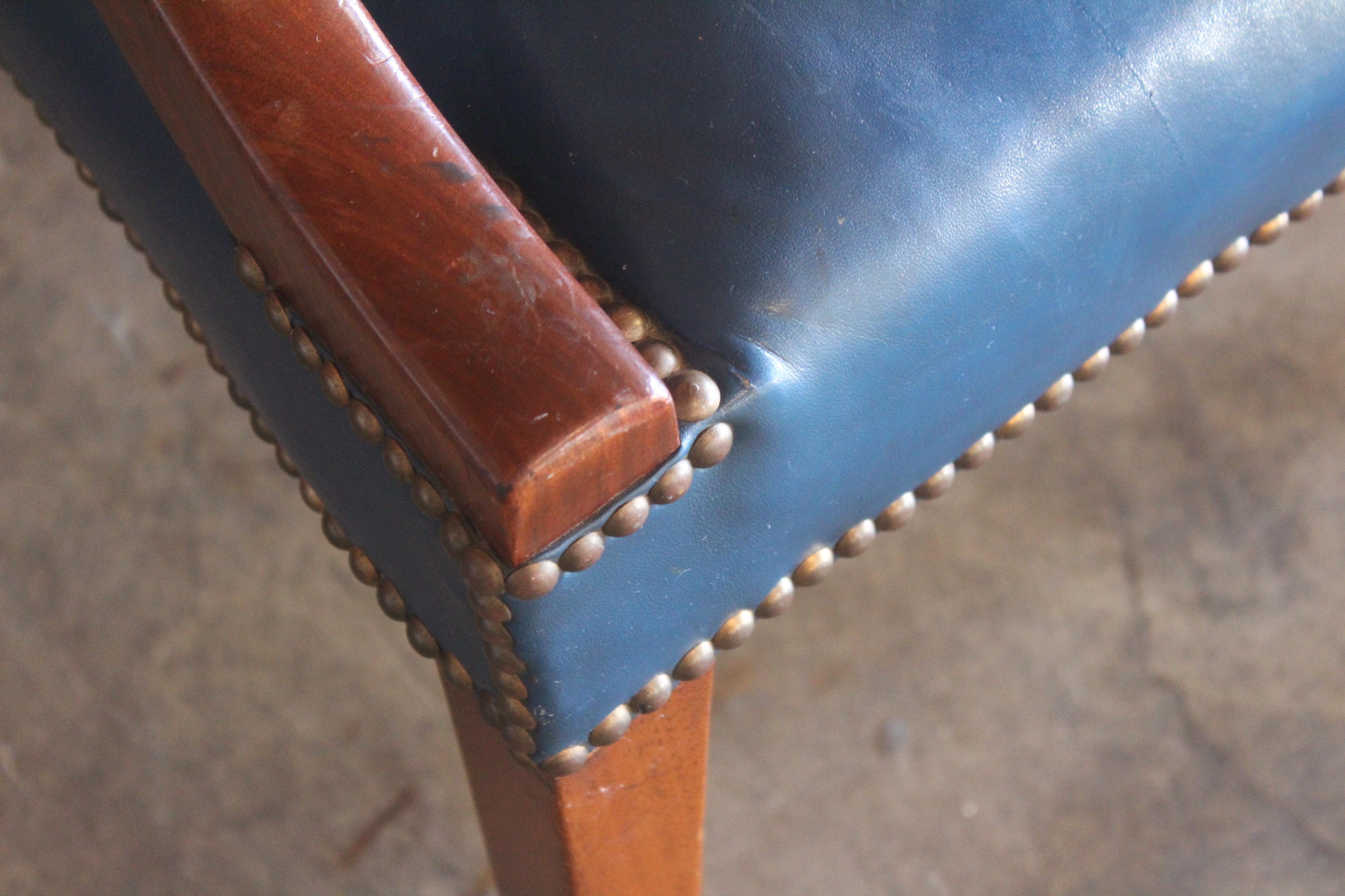 George II Stye English Mahogany Armchair in Original Blue Leather For Sale 12