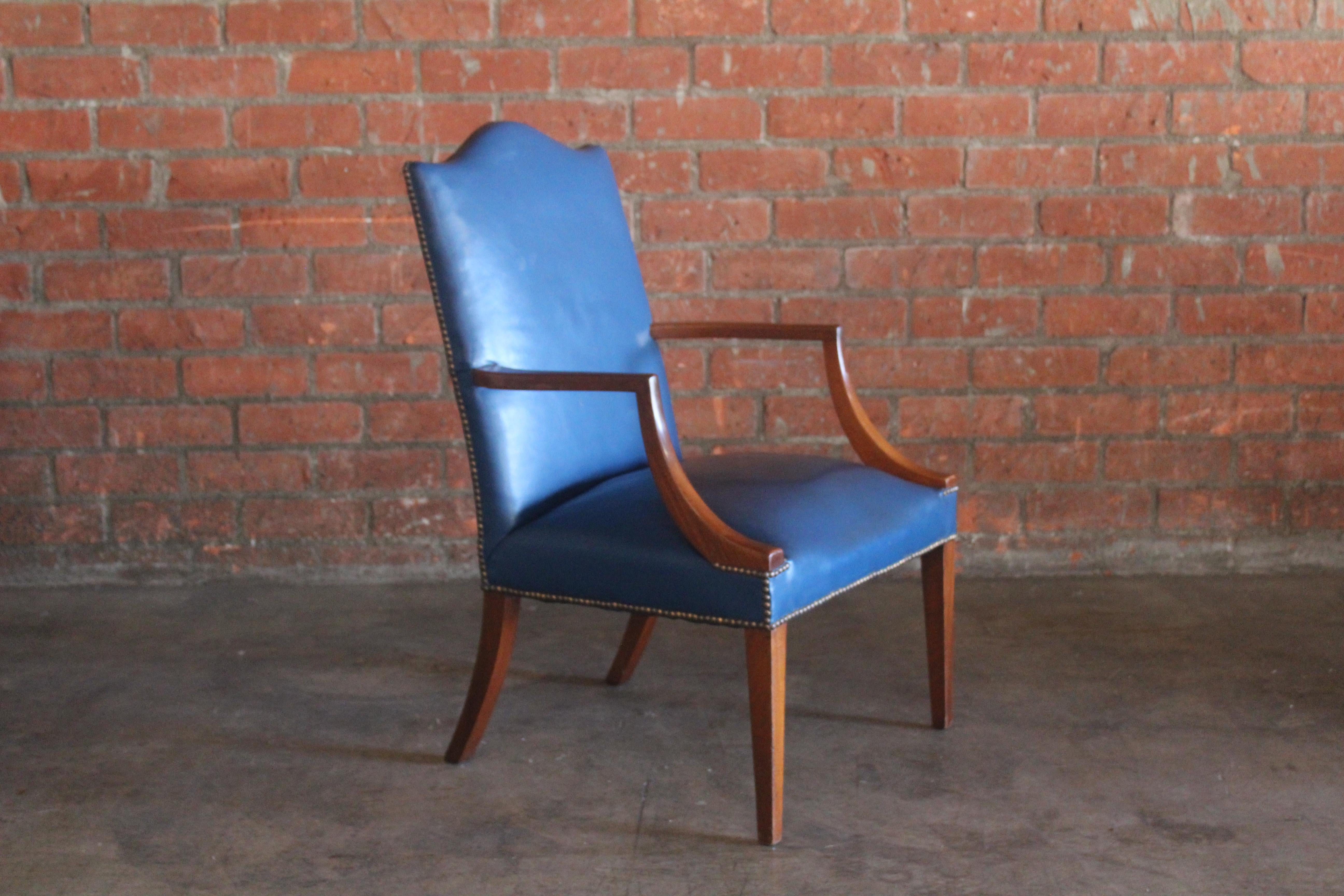 Early 20th Century George II Stye English Mahogany Armchair in Original Blue Leather For Sale