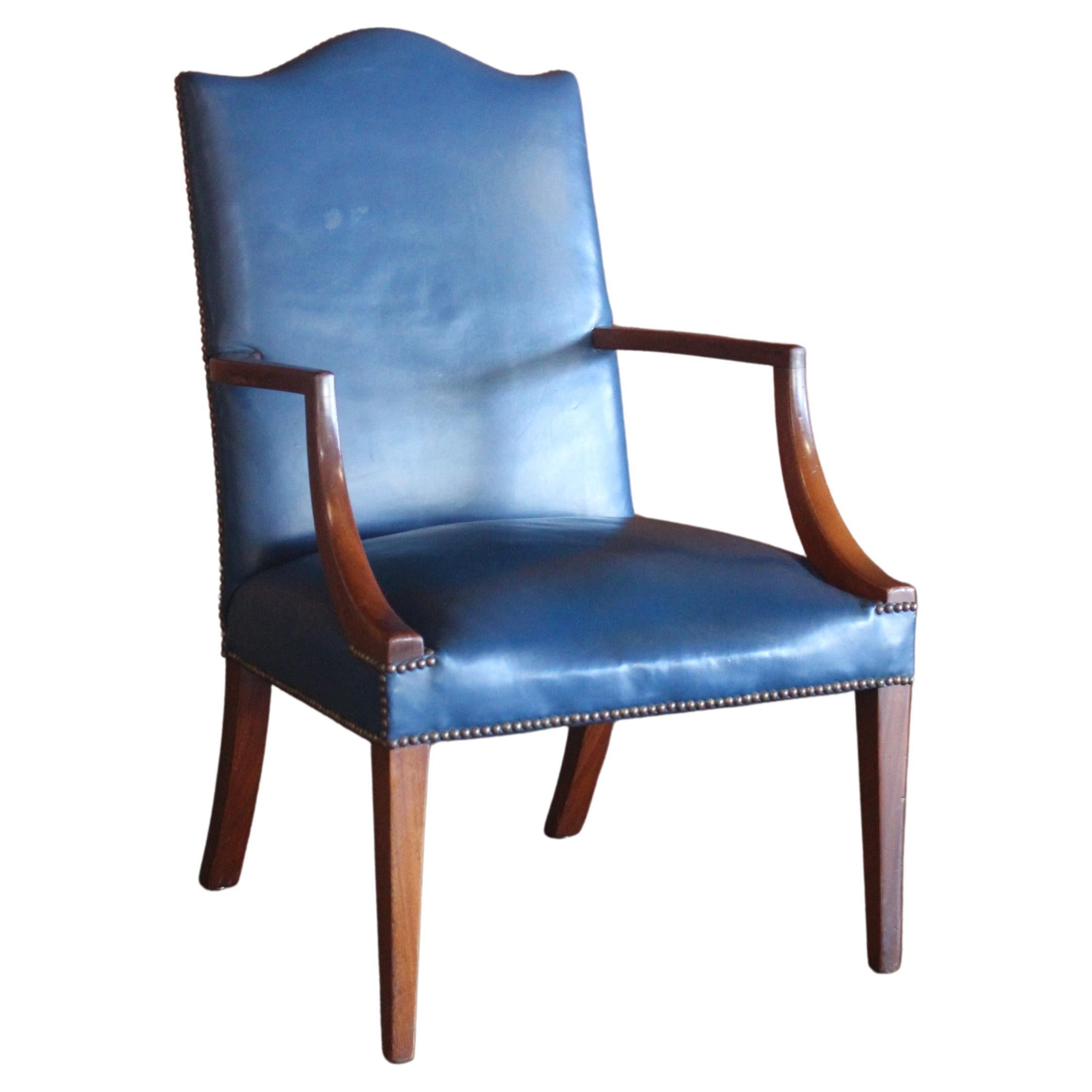 George II Stye English Mahogany Armchair in Original Blue Leather For Sale