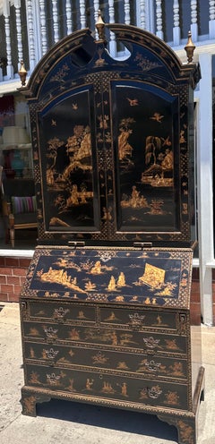 George II Style Black & Gold Lacquer Chinoiserie Secretary Desk Bookcase
