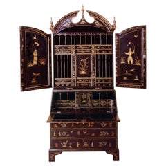 Escritorio secretario biblioteca estilo Jorge II lacado negro y dorado Chinoiserie