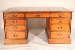 George II Style Burl Elm and Walnut Double Pedestal Desk with Leather Top