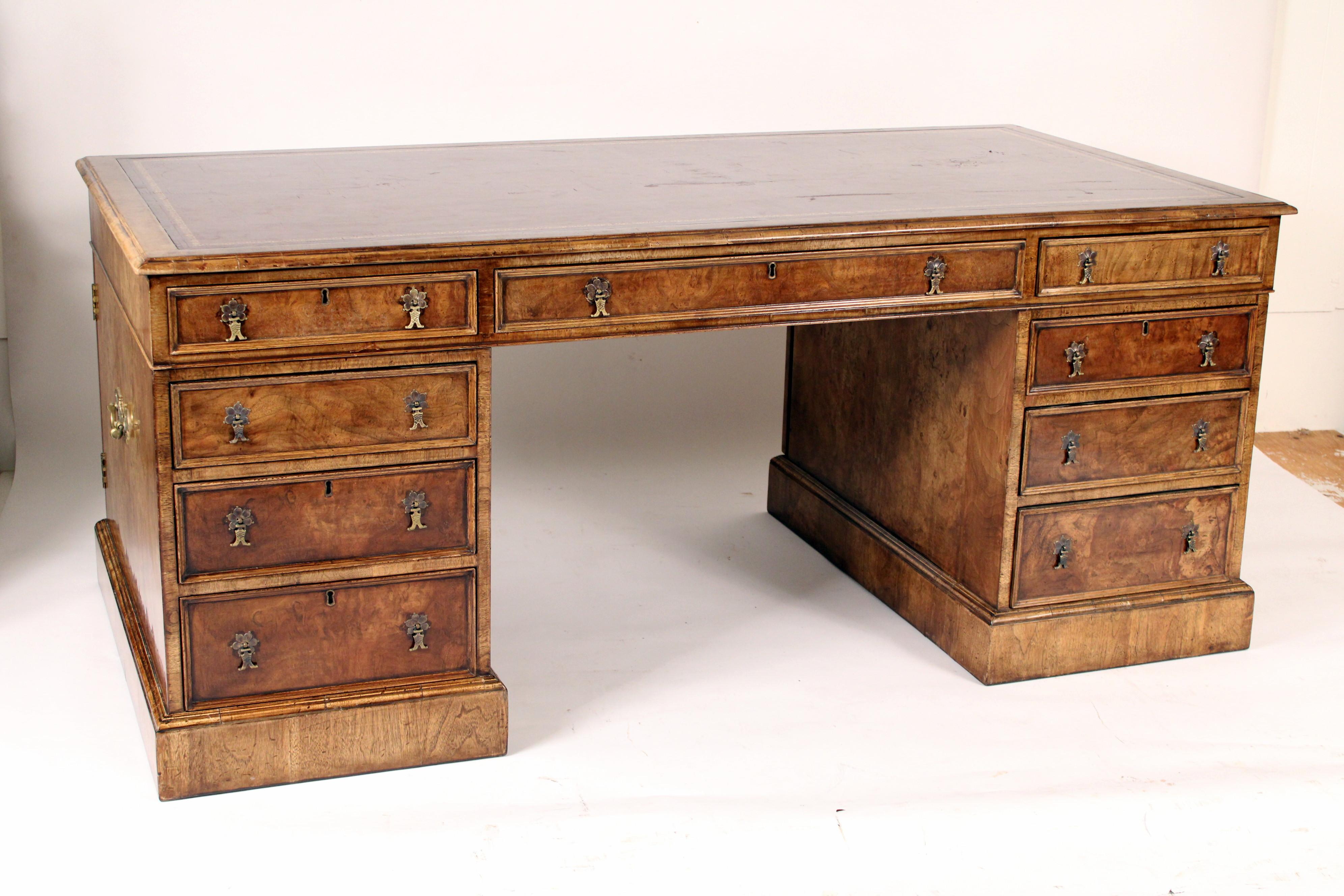 George II Style Burl Walnut Partners Desk Made by Burton Chang In Distressed Condition In Laguna Beach, CA