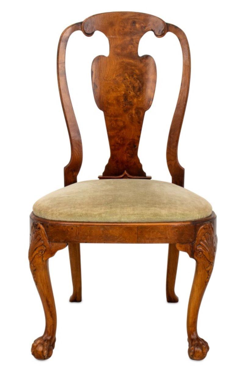 George II Style Burr Elm and Walnut Chair, claw and ball front feet, beige fabric covered seat. 39.5
