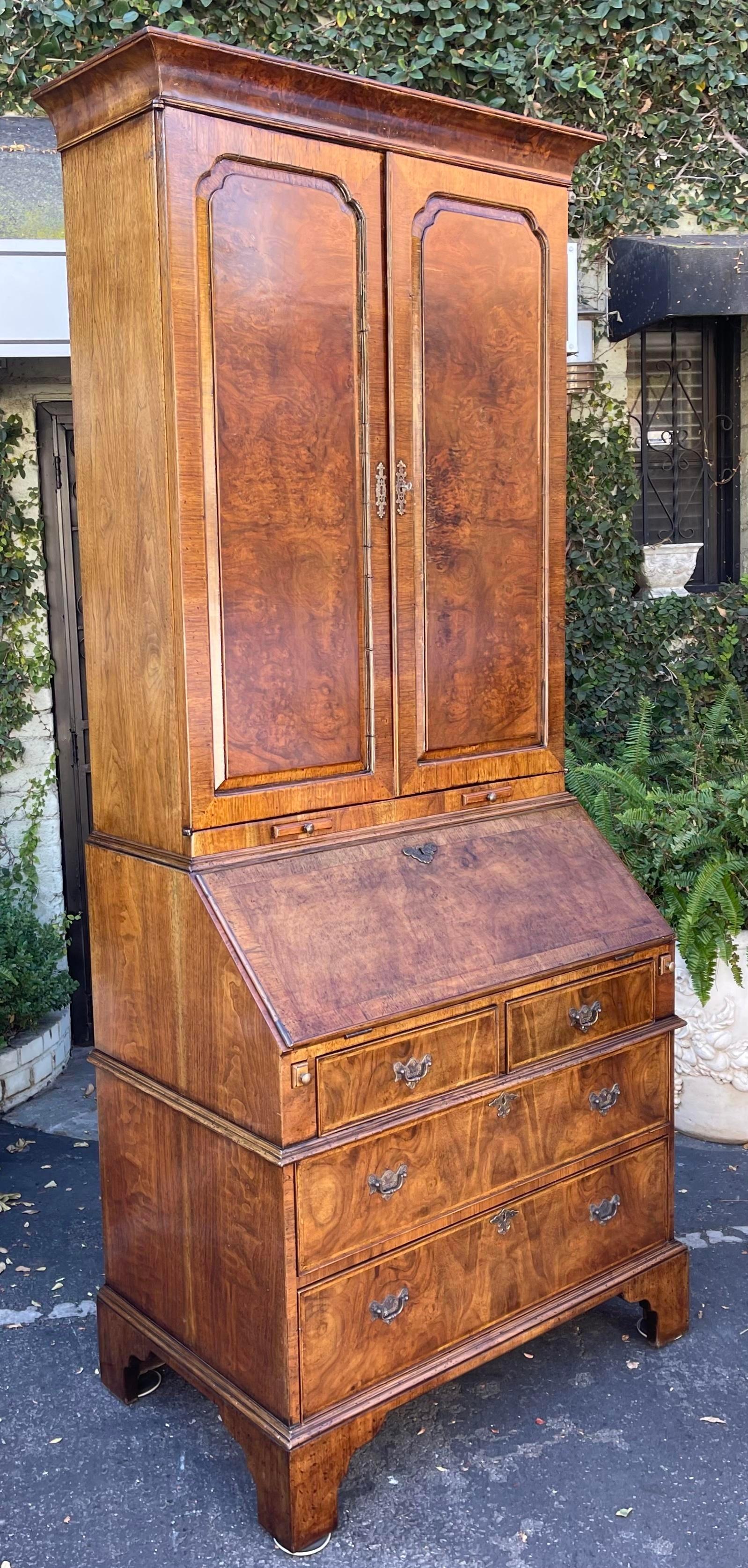George II Style Burton-Ching Walnut Secretary Desk Bookcase Cabinet In Good Condition In LOS ANGELES, CA